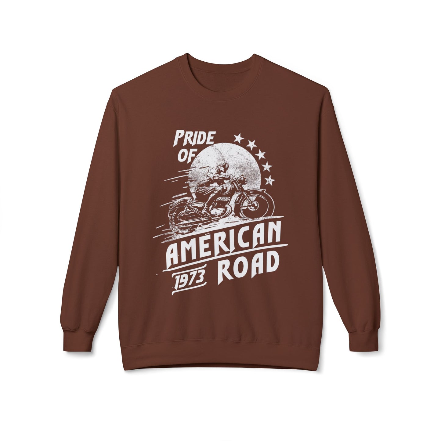 Pride of American Road Crewneck Sweatshirt, Cozy Unisex Fleece Top, Ideal Gift for Bikers, Road Trip Apparel, 1973 Vintage Style Cocoa