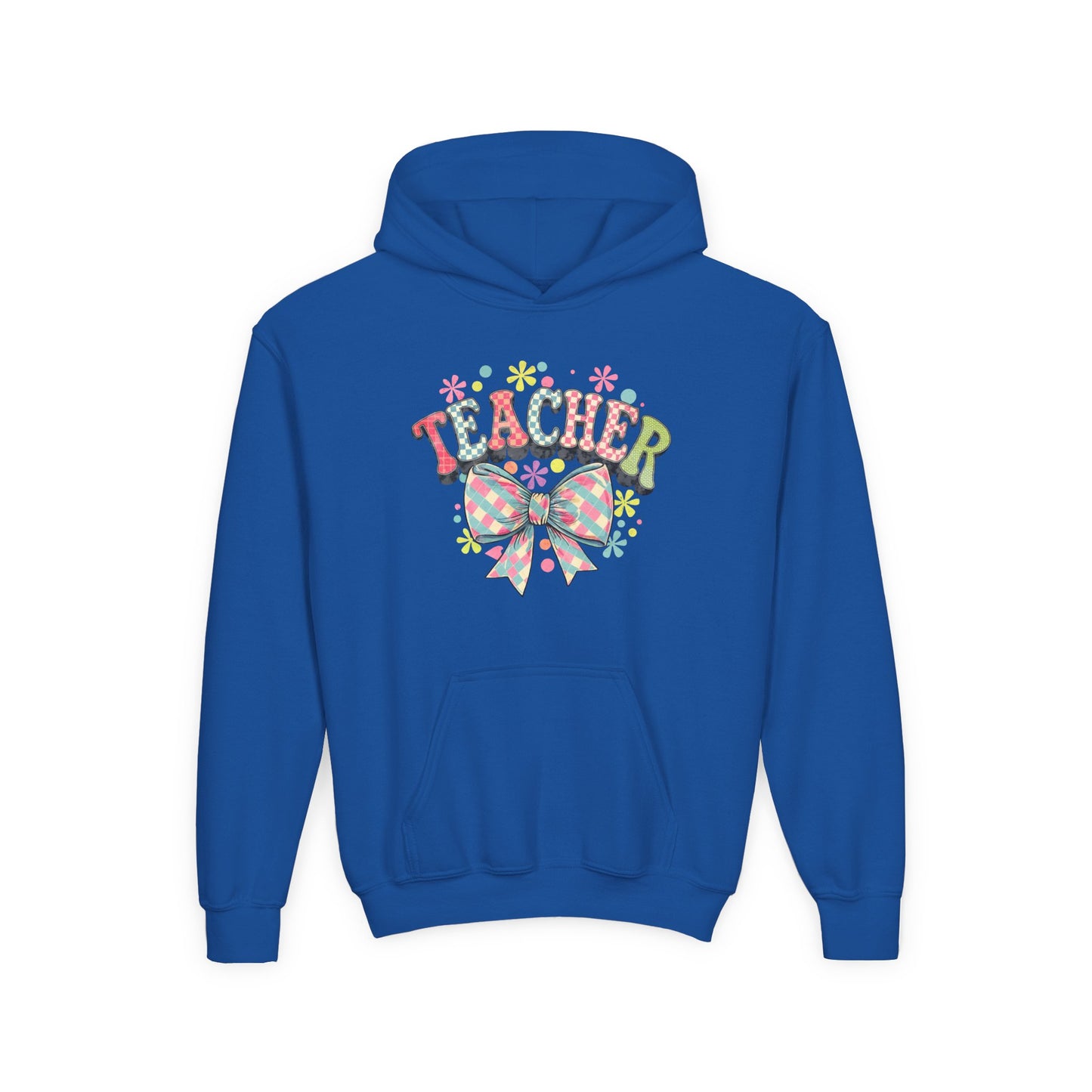 Teacher Hoodie with Colorful Floral Bow Design, Ideal Gift for Educators, School Spirit Wear, Teacher Appreciation, Back to School Royal