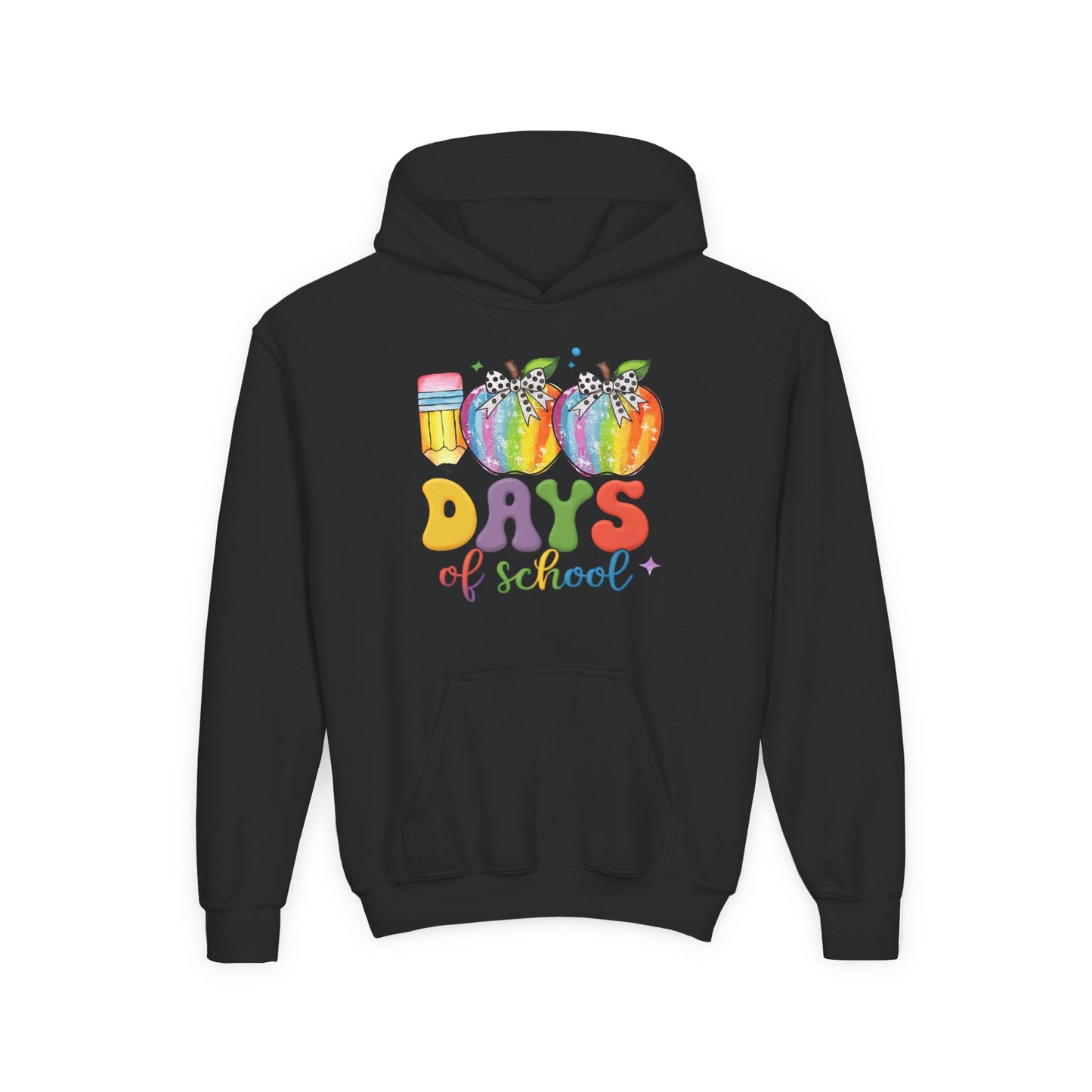 Colorful 100 Days of School Hoodie for Kids, Fun Sweatshirt for Students, Back to School Gift, Rainbow Apple Design, Classroom Black