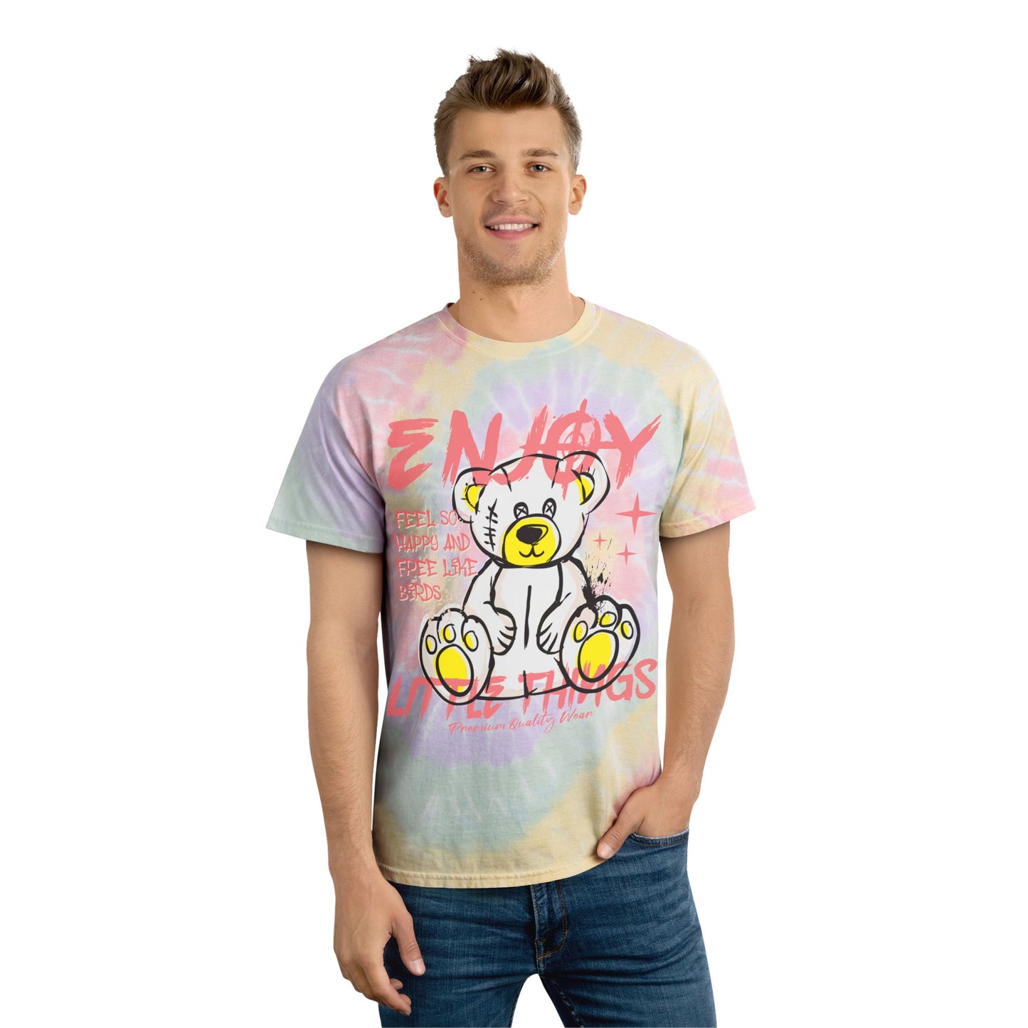 Unisex "Enjoy Little Things" Tie Dye T-Shirt – Streetwear Graphic Tee with Teddy Bear & Positive Quote – Soft Cotton Pastel Shirt Hazy Rainbow