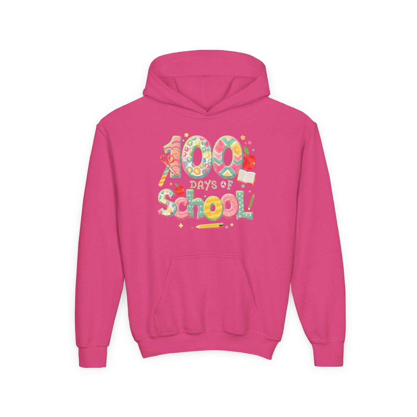 100 Days of School Youth Hoodie, Colorful School Spirit Sweatshirt, Kids Celebration Hoodie, Perfect for School Events, Fun Memory Gear Heliconia