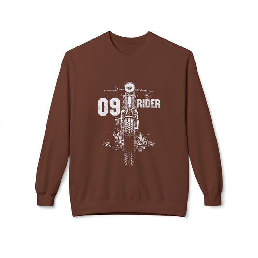 Retro Unisex Fleece Crew Sweatshirt - 09 Rider Design, Cozy Apparel, Gift for Bikers, Streetwear, Festival Wear, Everyday Comfort Cocoa