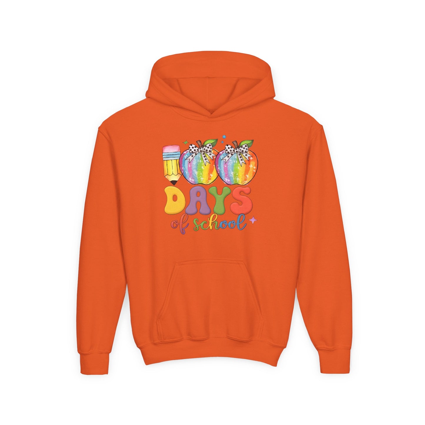 Colorful 100 Days of School Hoodie for Kids, Fun Sweatshirt for Students, Back to School Gift, Rainbow Apple Design, Classroom Orange