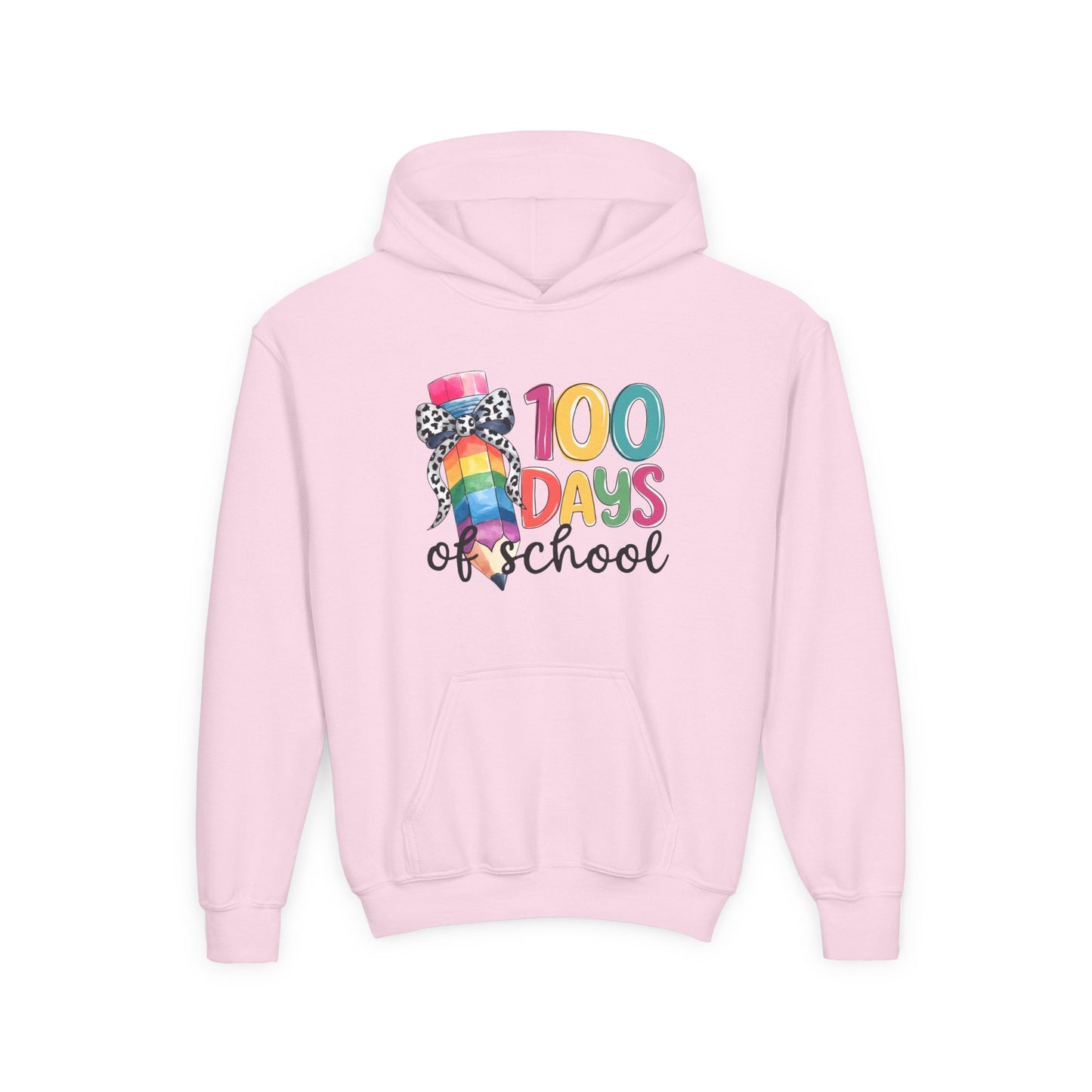 Colorful 100 Days of School Youth Hoodie, Fun School Celebration Sweatshirt, Back-to-School Gift, Kids Fashion, Classroom Style Light Pink