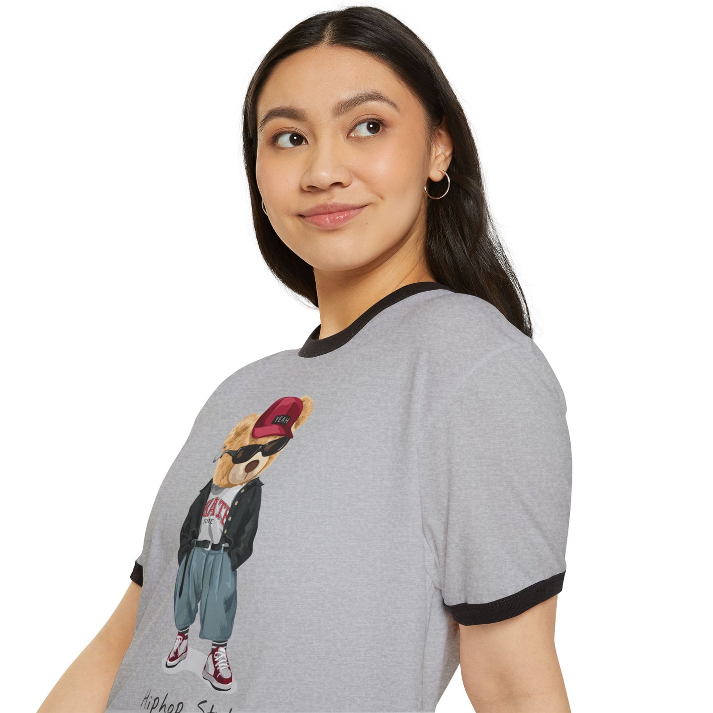 Hip Hop Bear Unisex Cotton Ringer T-Shirt, Cute Graphic Tee, Retro Style T-Shirt, Streetwear Apparel, Gift for Music Lovers