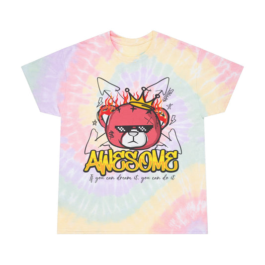 Unisex "Awesome" Tie Dye T-Shirt – Streetwear Graphic Tee with Flaming Crown Bear & Motivational Quote – Soft Cotton Pastel Shirt