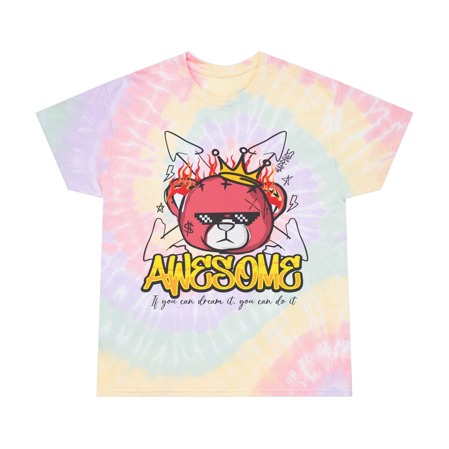 Unisex "Awesome" Tie Dye T-Shirt – Streetwear Graphic Tee with Flaming Crown Bear & Motivational Quote – Soft Cotton Pastel Shirt