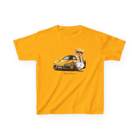 Cool Cartoon Bear Kids Tee, Fun Gift for Birthdays, Car Lovers T-Shirt, Playful Kid's Clothing, Perfect for Casual Days, Summer Fun Gold