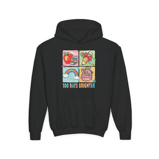 Youth Hoodie with Colorful Design – Perfect for Kids, Back to School, Gifts, Everyday Wear, Fun Celebrations, 100 Days Brighter Black