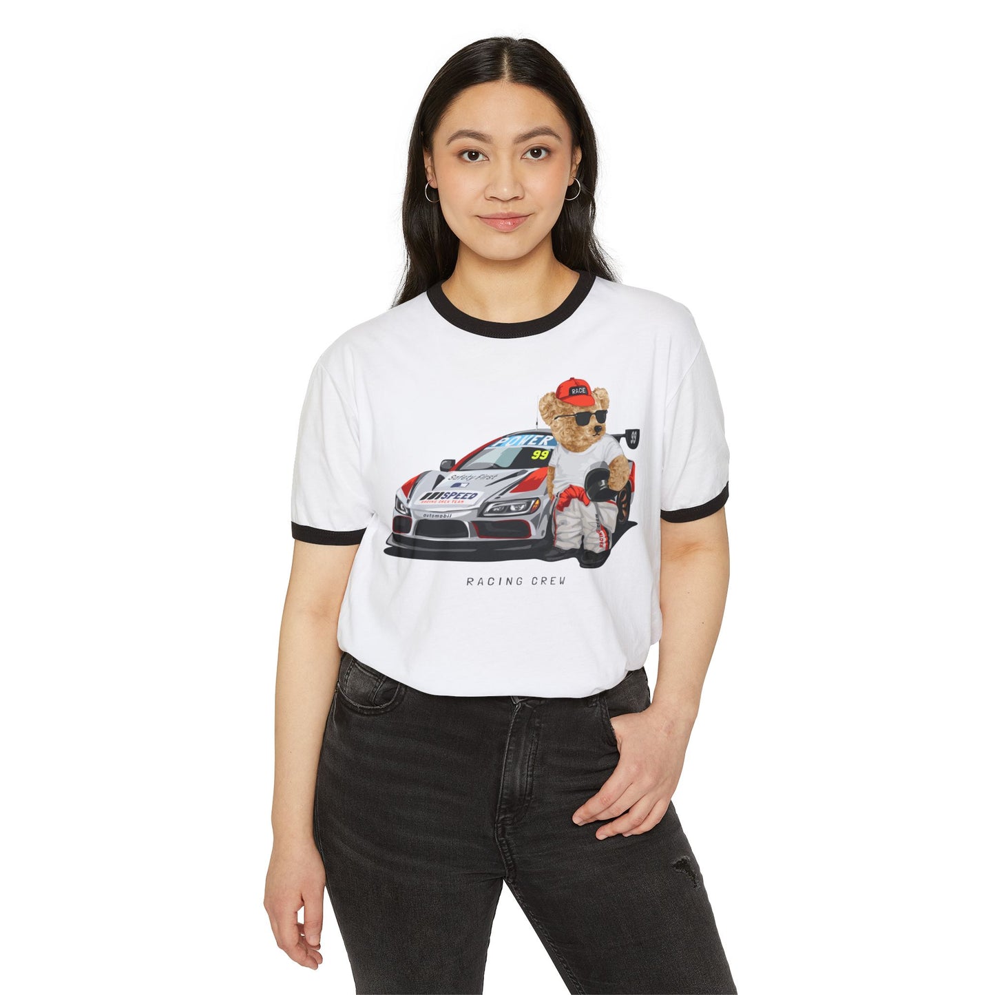 Racing Bear Unisex Cotton Ringer T-Shirt - Funny, Casual Wear, Gift for Car Lovers, Birthday Gift, Motorsport Apparel