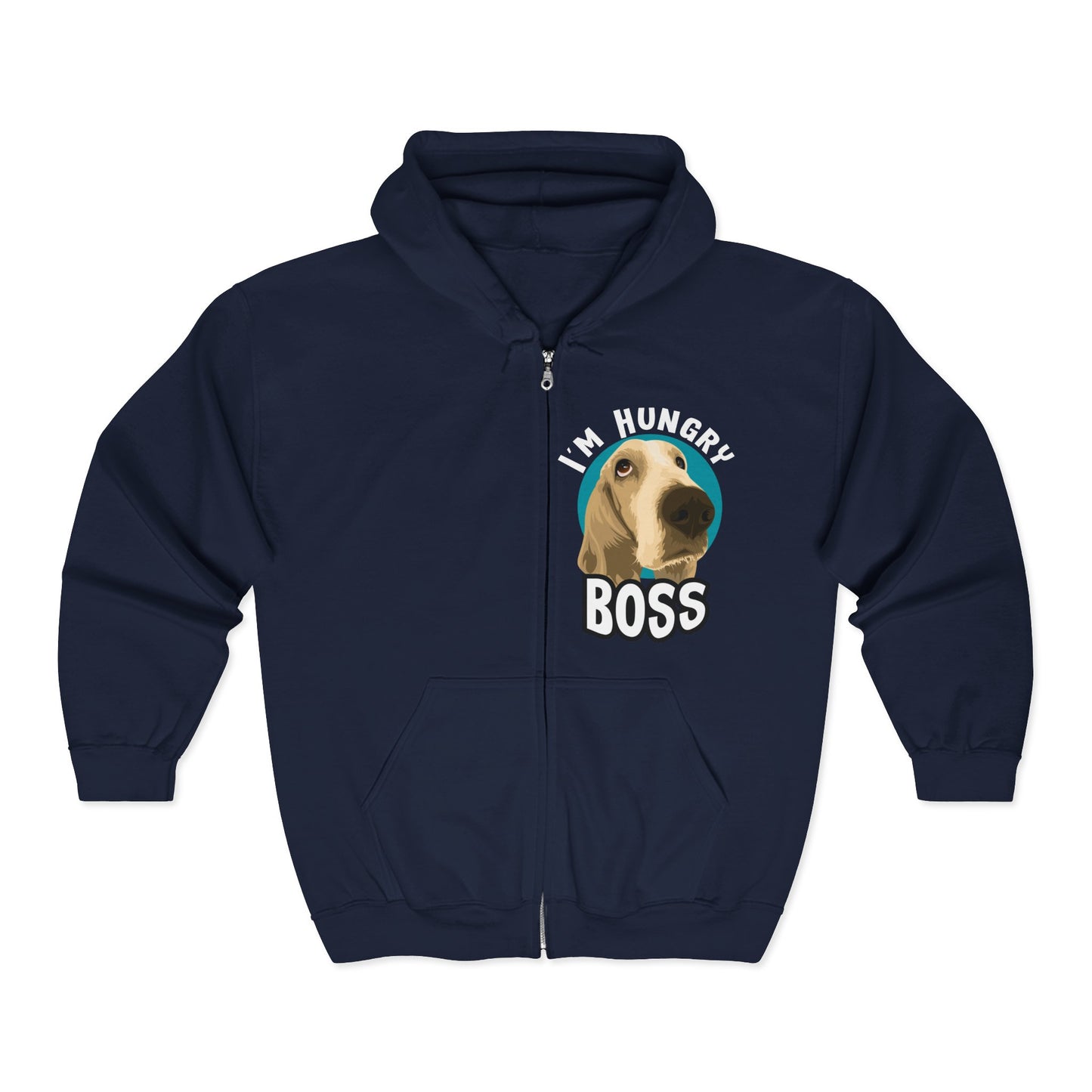 Hungry Boss Dog Hoodie, Funny Pet Lover Gift, Unisex Zip-Up Sweatshirt, Cute Animal Apparel, Ideal for Dog Owners, Cozy Layering Navy