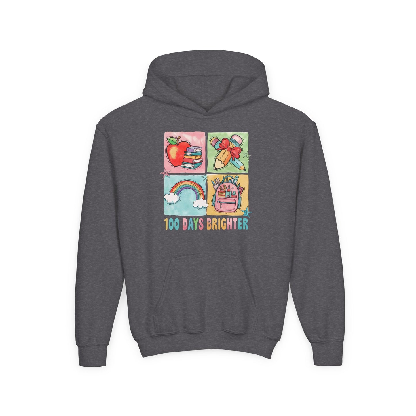 Youth Hoodie with Colorful Design – Perfect for Kids, Back to School, Gifts, Everyday Wear, Fun Celebrations, 100 Days Brighter Dark Heather