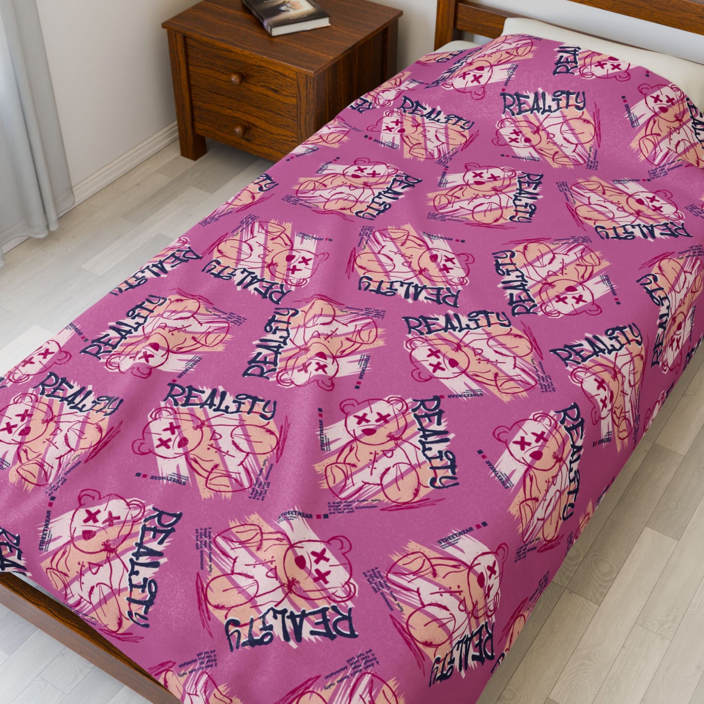 "Reality" Edgy Teddy Bear Graphic Velveteen Plush Blanket – Pink Soft Throw for Modern Home Decor – Streetwear Style 60" × 80"