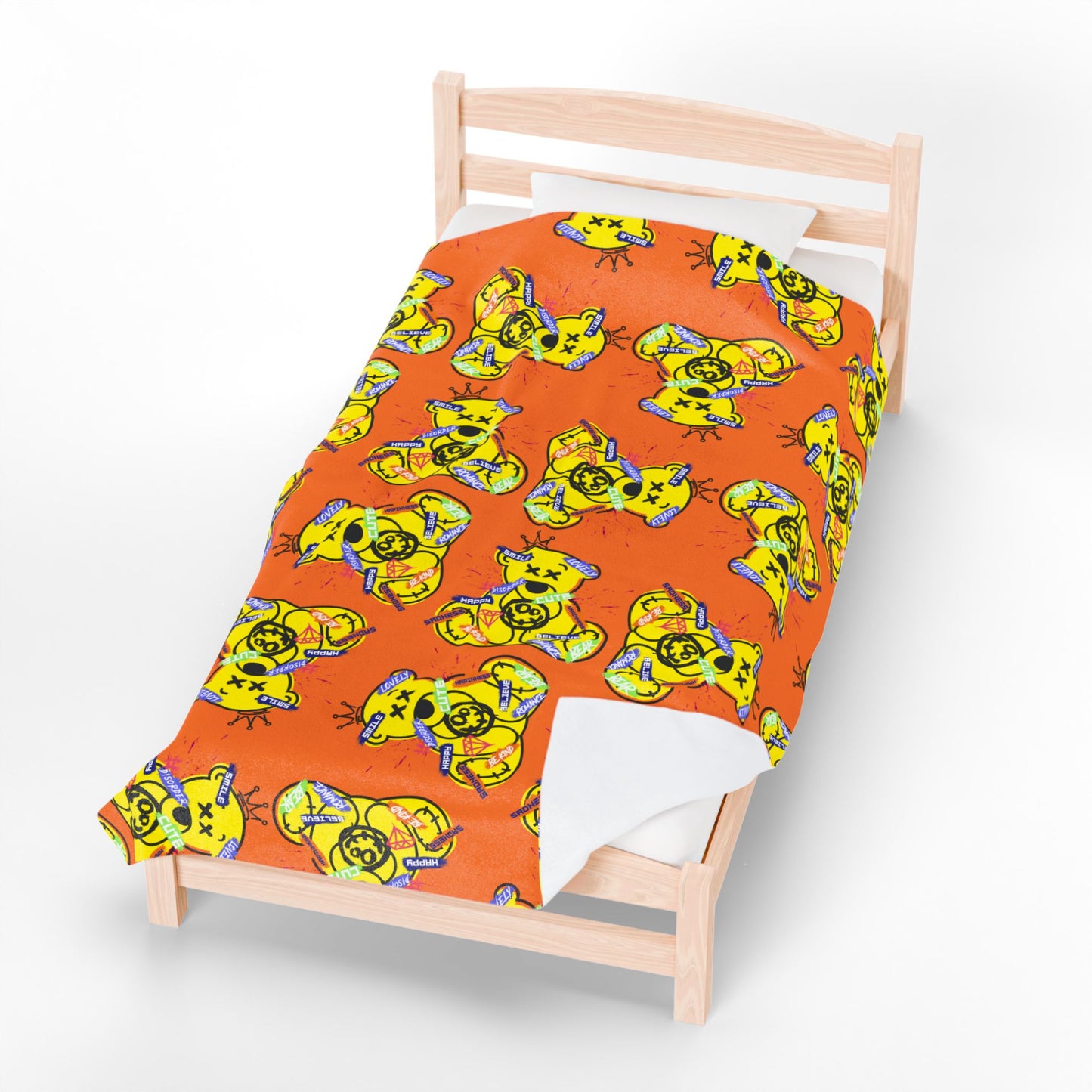 Emotional Collage Graphic Velveteen Plush Blanket – Soft Orange Throw with Teddy Bear – Artistic Streetwear Home Decor