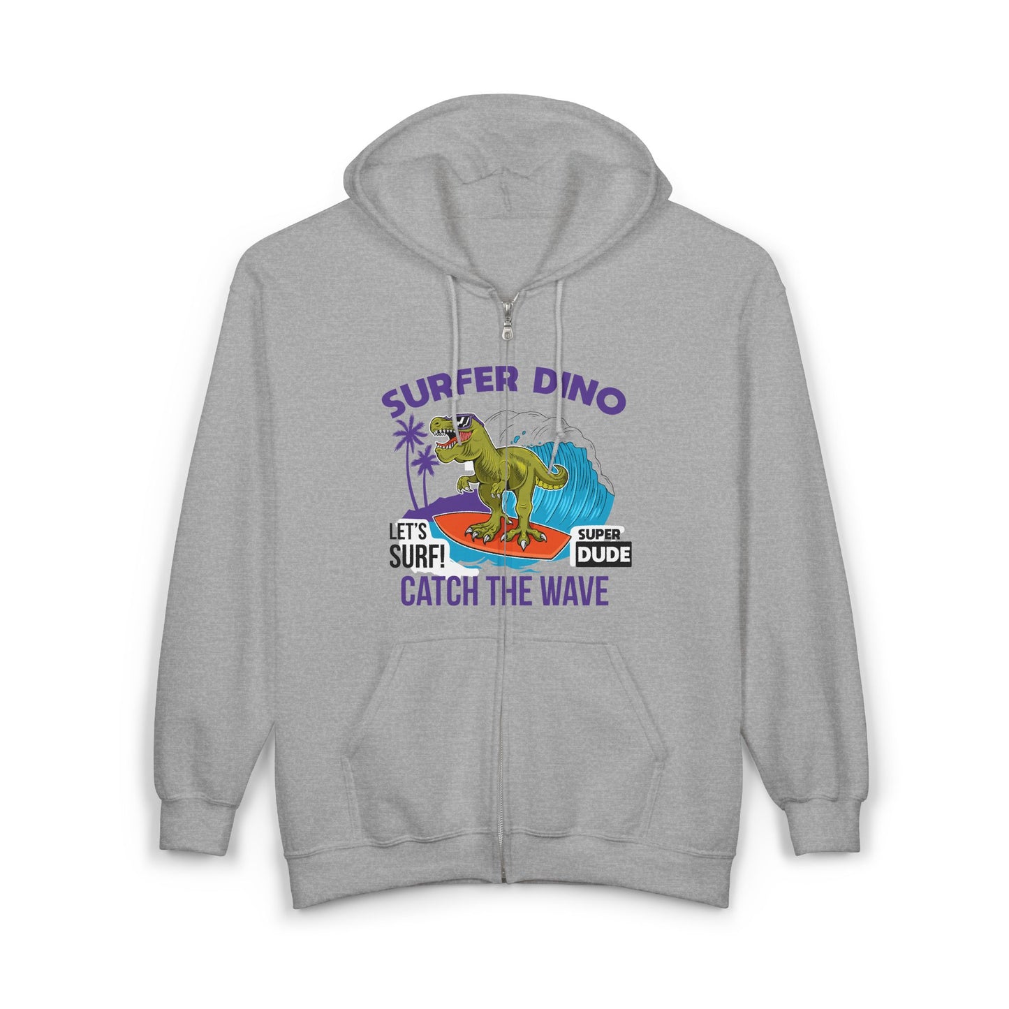 Surfer Dino Full Zip Hoodie - Catch the Wave, Surfing Sweatshirt for Beach Lovers, Gifts for Dino Enthusiasts, Fun Casual Wear