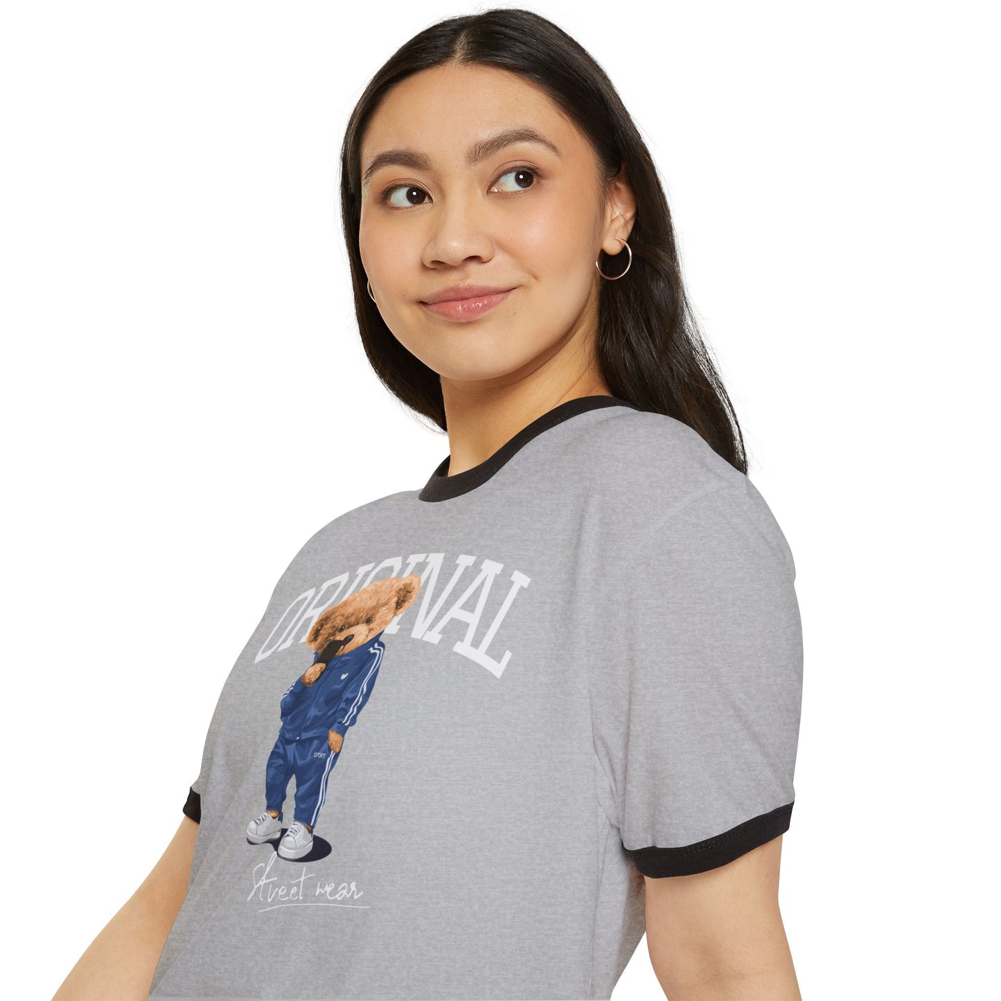 Unisex Ringer T-Shirt with Cute Bear Design - Casual Wear, Fun Gift, Original Style, Everyday Comfort, Unique Apparel