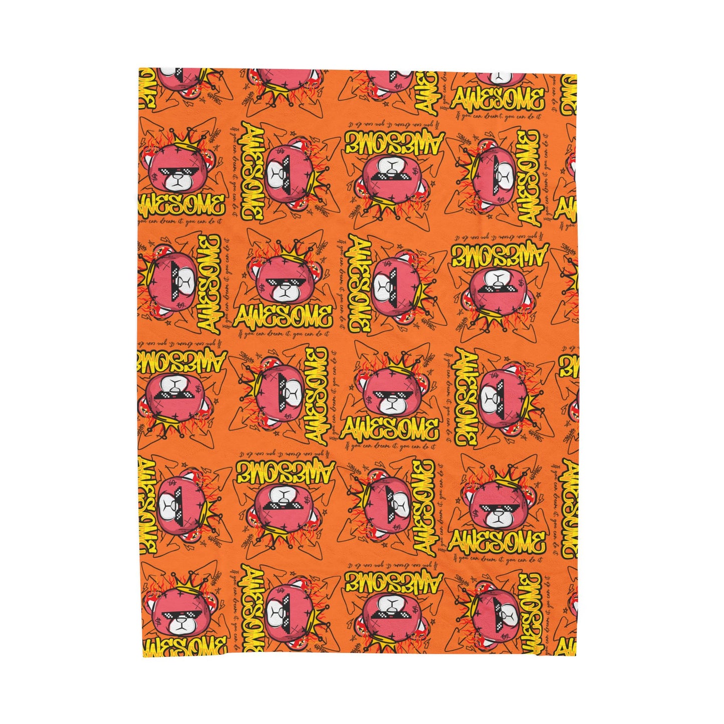 "Awesome" Motivational Graphic Plush Blanket – Soft Velveteen Throw with Flaming Bear – Orange Streetwear Home Decor