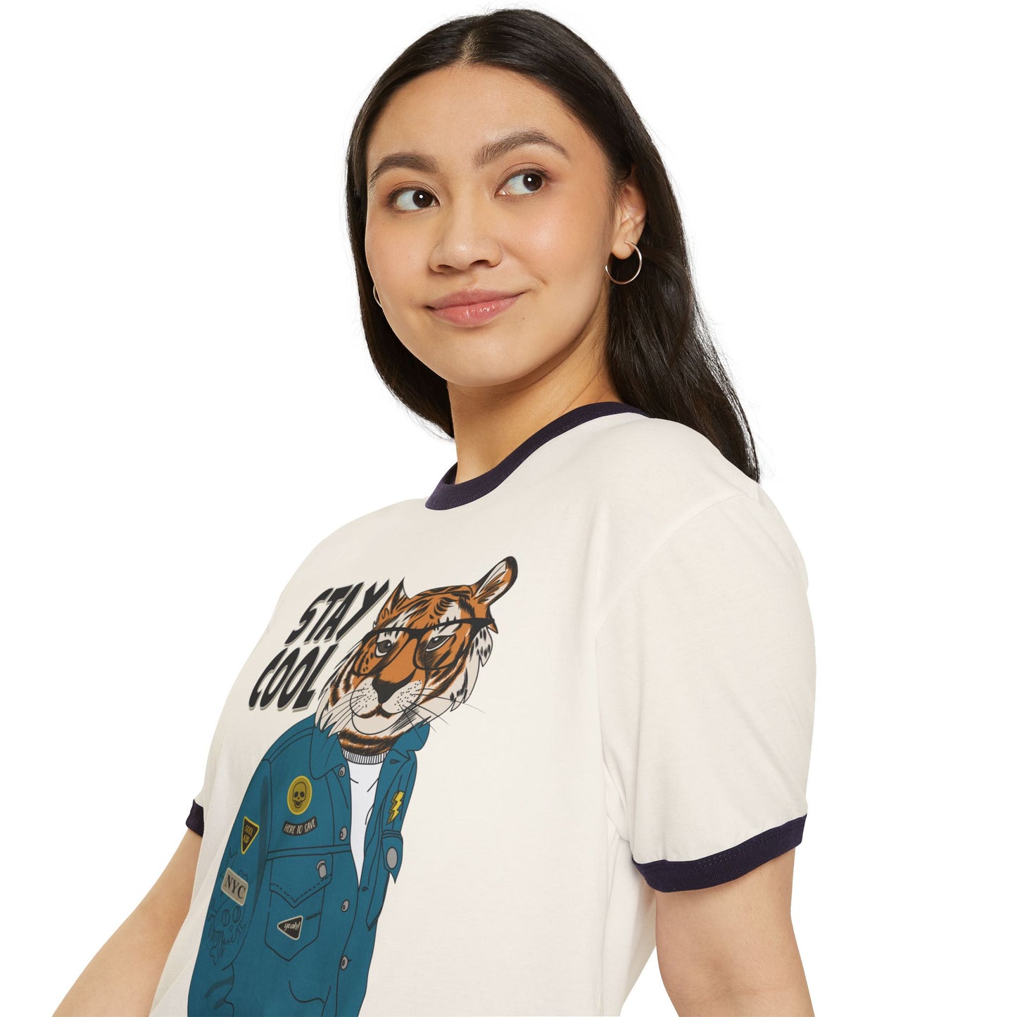Stay Cool Tiger Ringer T-Shirt, Unisex Vintage Tee, Casual Gift, Animal Lover Apparel, Summer Fashion, Fun Graphic Shirt