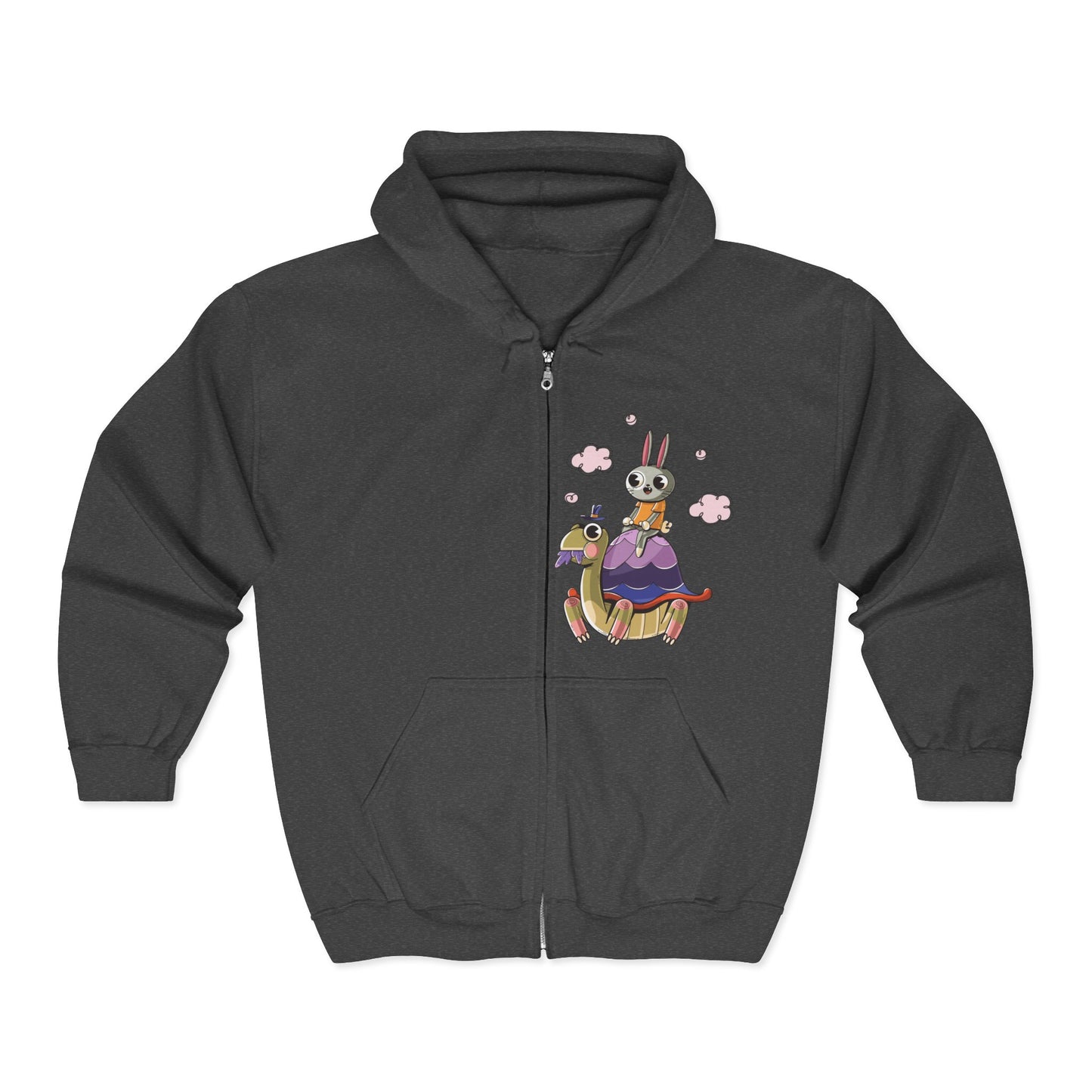Whimsical Rabbit and Turtle Zip-Up Hoodie Dark Heather