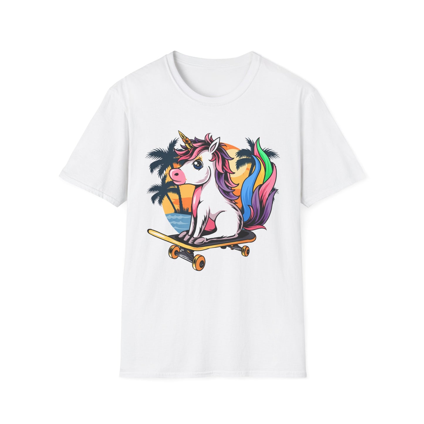 Skateboarding Unicorn T-Shirt, Cute Graphic Tee for Teens, Fun Summer Wear, Gifts for Unicorn Lovers, Beach Day Outfit White