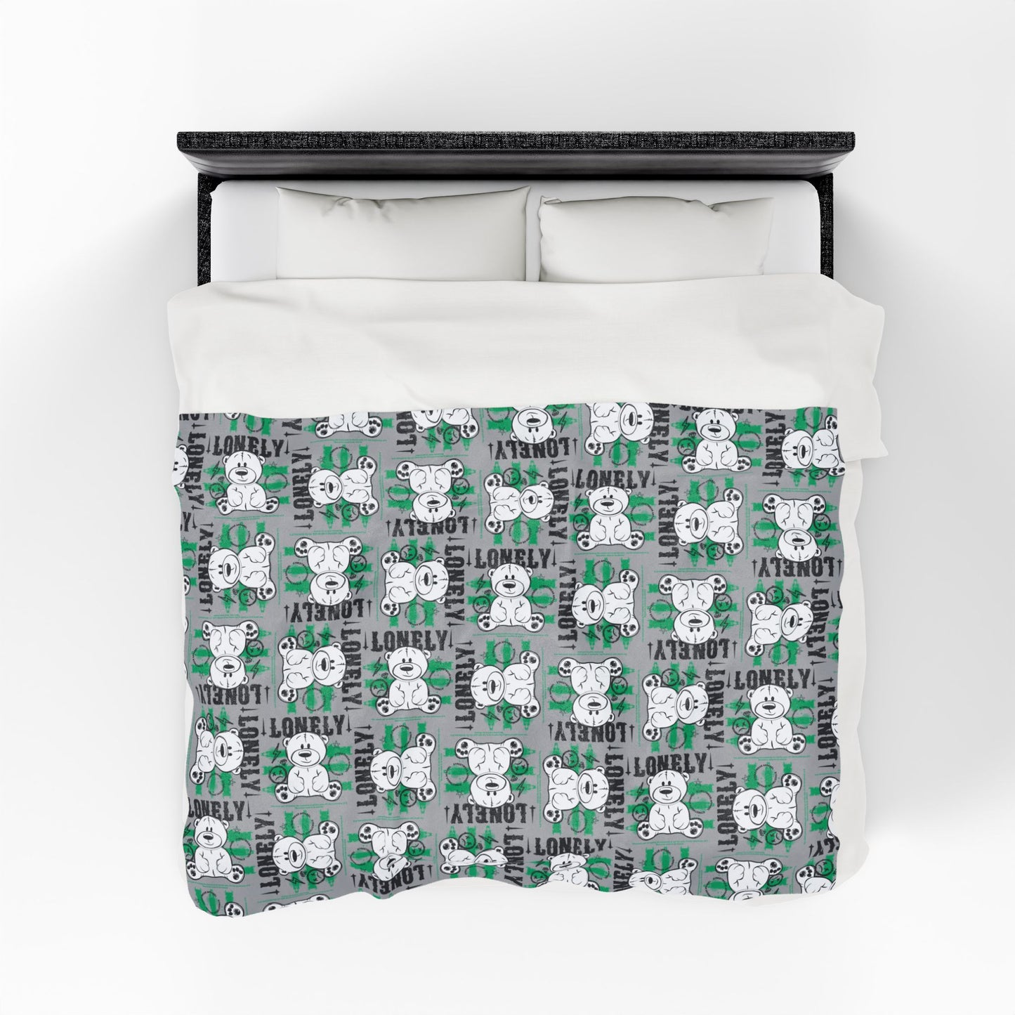 "Lonely" Teddy Bear Graphic Velveteen Plush Blanket – Soft Grey Throw for Home Decor – Introspective Streetwear Style