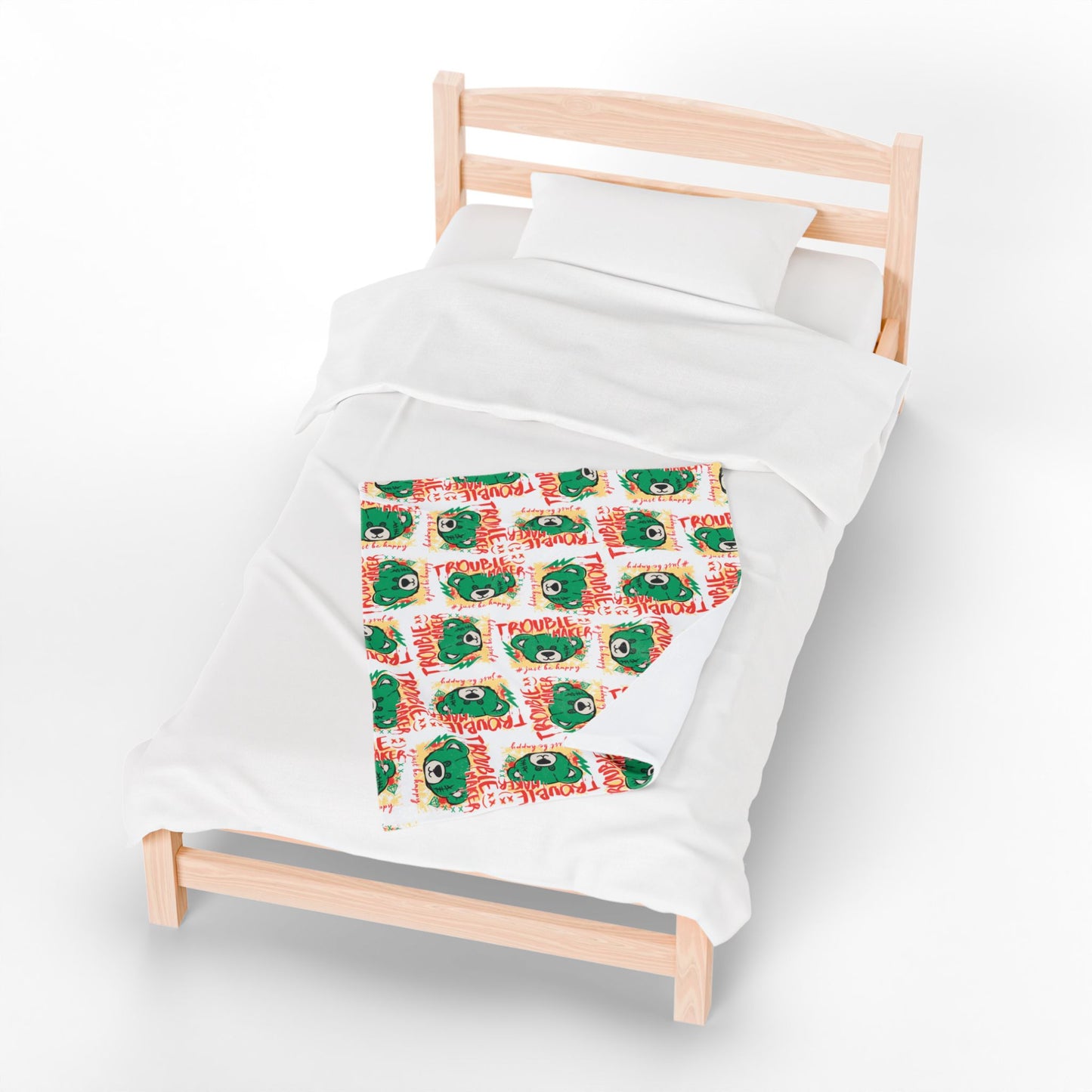 "Trouble Maker" Graphic Velveteen Plush Blanket – Soft White Throw with Green Bear & "Just Be Happy" Quote – Playful Decor