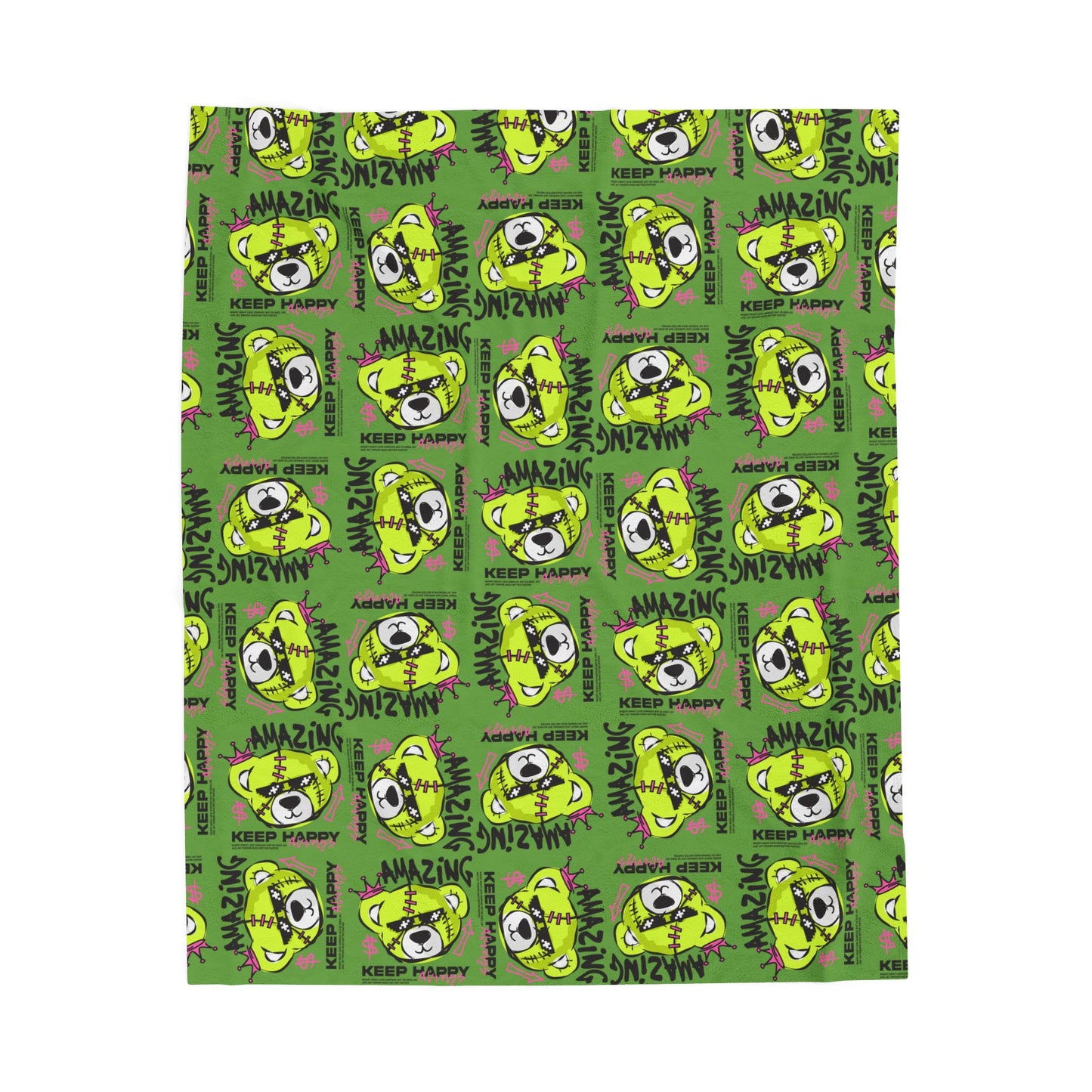 "Amazing" Green Bear Graphic Velveteen Plush Blanket – Soft Throw with "Keep Happy" Quote – Urban Streetwear Home Decor