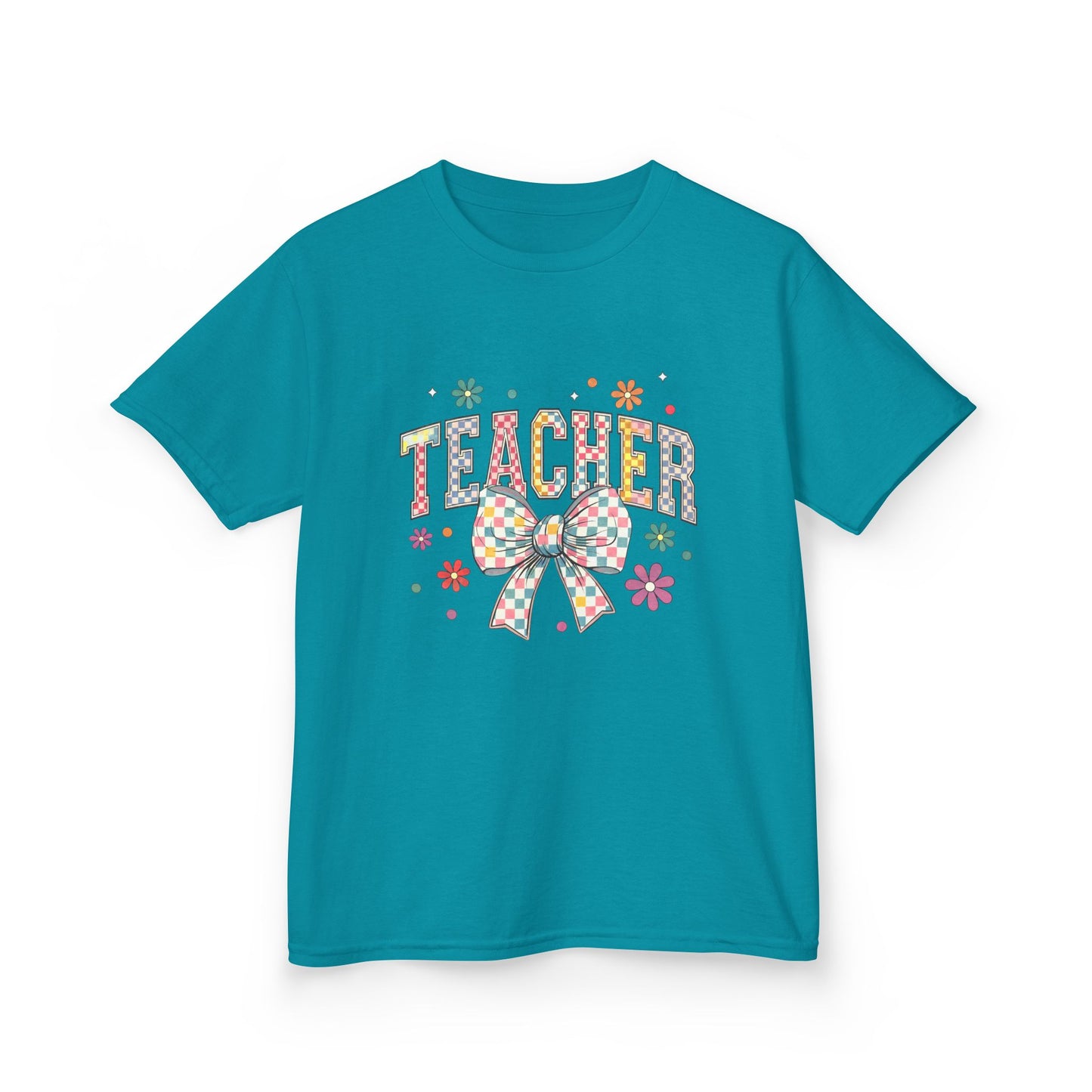 Teacher Kids Tee with Colorful Bow Design, Perfect for Back to School, Teacher Appreciation, Birthday Gift, Fun Classroom Wear Tropical Blue