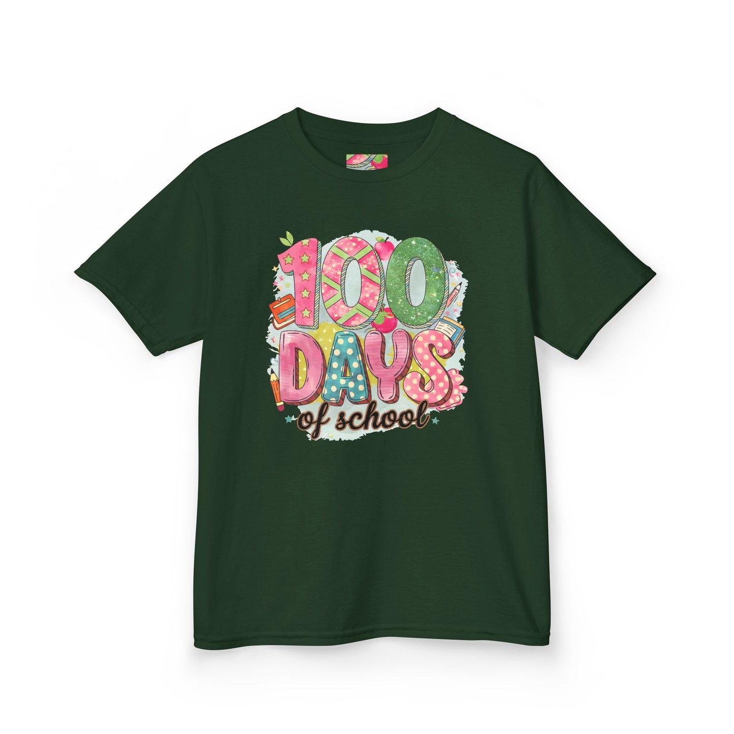 Kids 100 Days of School Tee, Fun t-shirt for kids, Milestone celebration shirt, Perfect for school events, Unique kids' apparel Forest Green