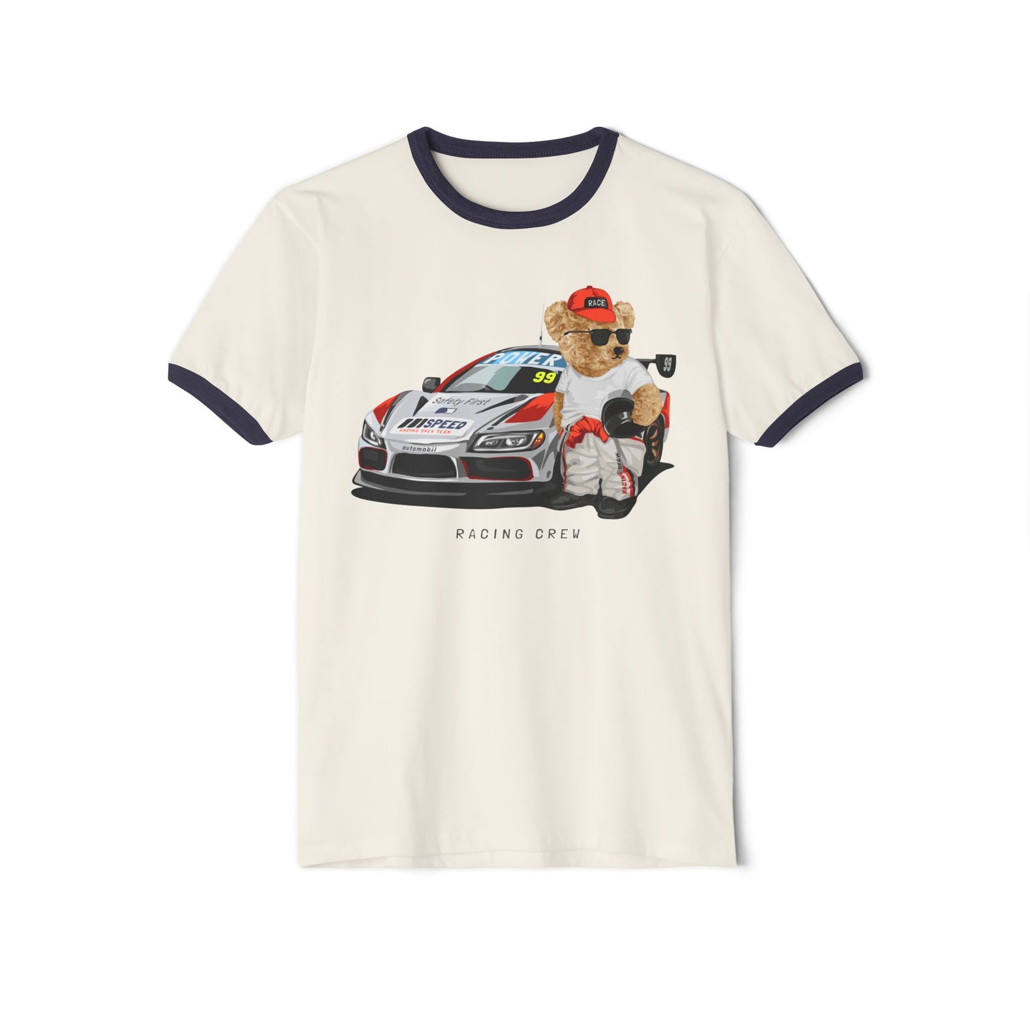 Racing Bear Unisex Cotton Ringer T-Shirt - Funny, Casual Wear, Gift for Car Lovers, Birthday Gift, Motorsport Apparel Natural Midnight Navy