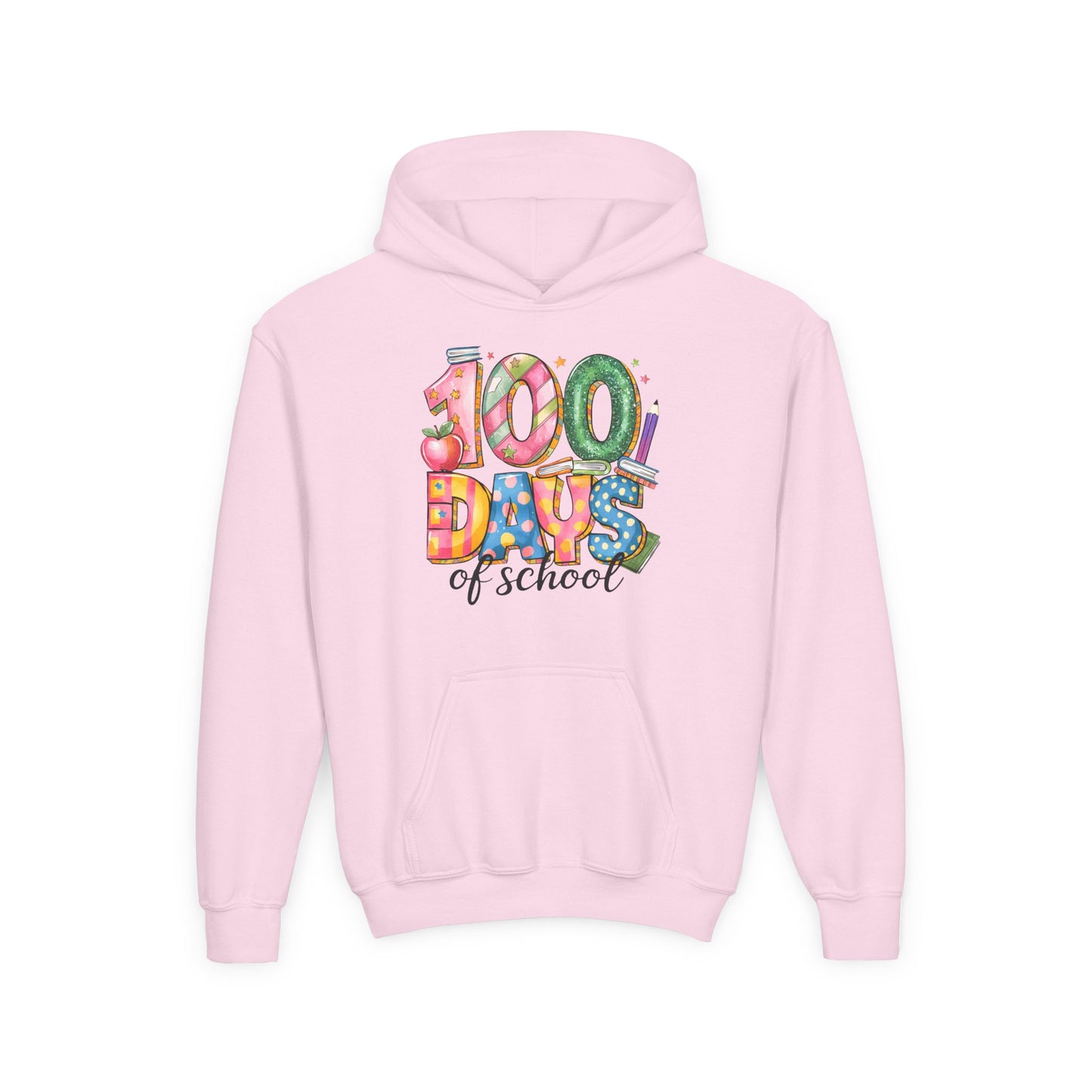 100 Days of School Youth Hoodie, Celebrate Achievement Sweatshirt, Fun Kids Apparel, School Milestone Gift, Classroom Celebration Wear Light Pink