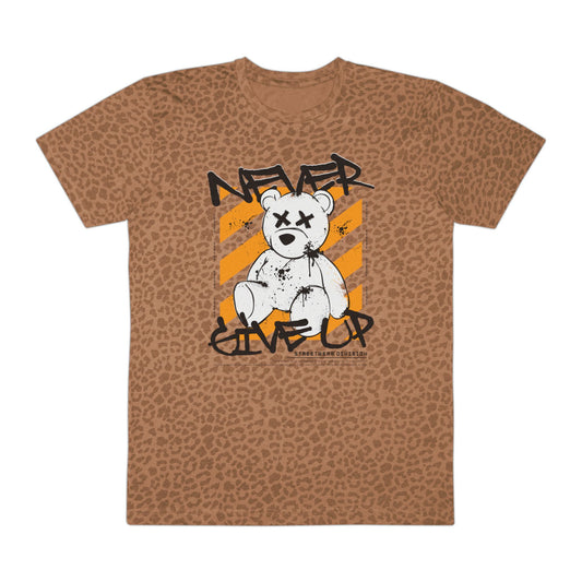 Men's Graphic Tee with Inspirational Message, Urban Style Casual Shirt, Gift for Friends, Everyday Wear, Never Give Up Tee Brown Leopard