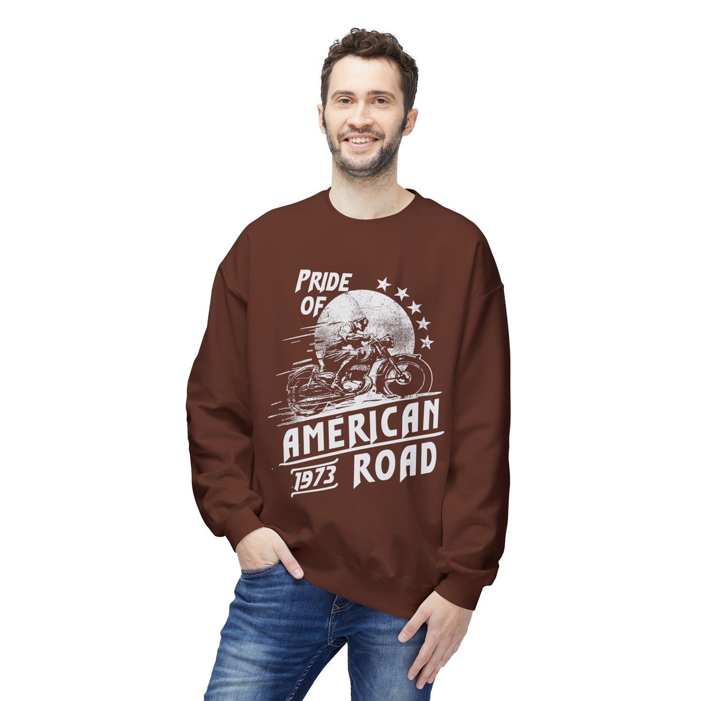 Pride of American Road Crewneck Sweatshirt, Cozy Unisex Fleece Top, Ideal Gift for Bikers, Road Trip Apparel, 1973 Vintage Style