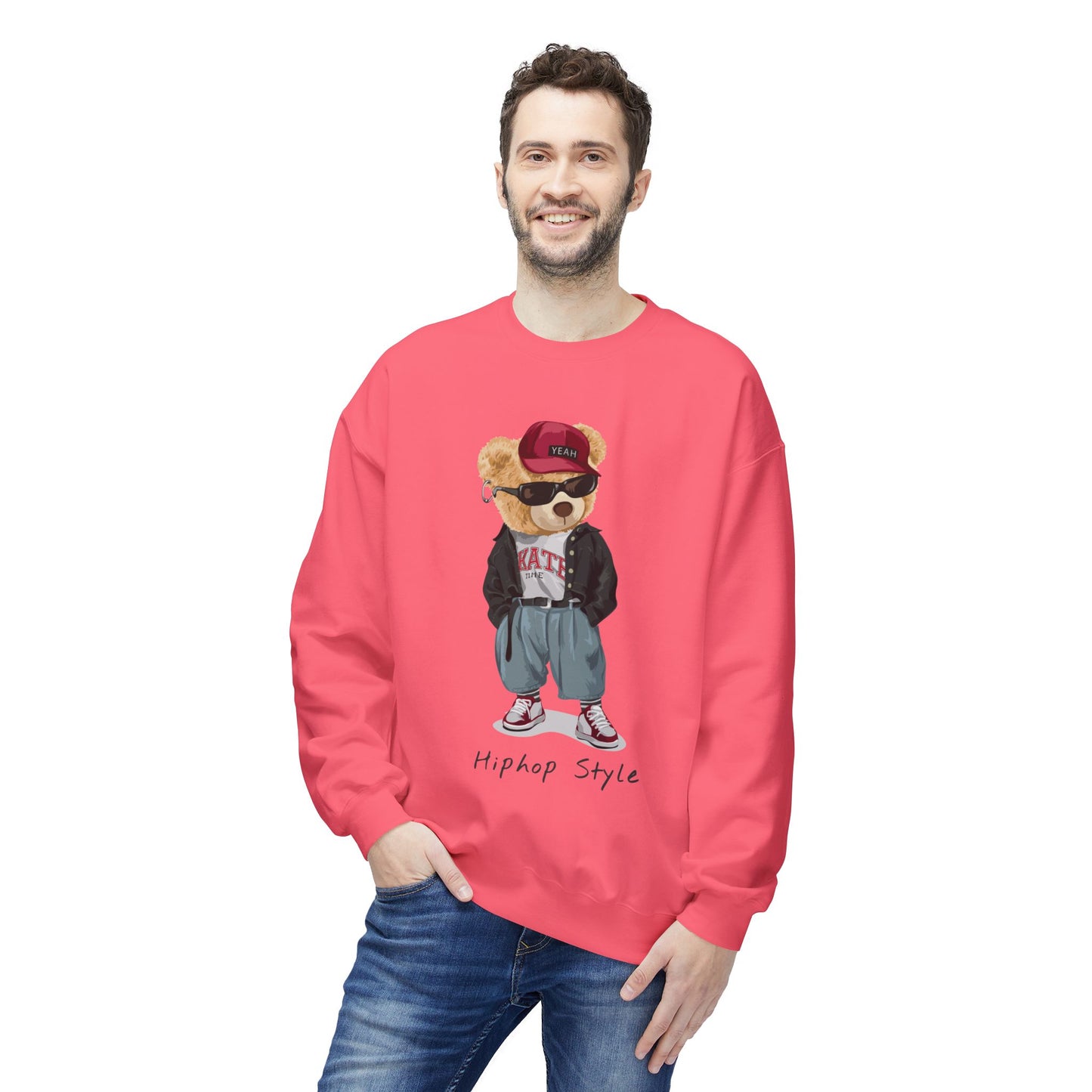 Hip Hop Bear Sweatshirt, Streetwear Crewneck, Unisex Fleece Top, Trendy Gift, Casual Style, Fashionable Layering Piece