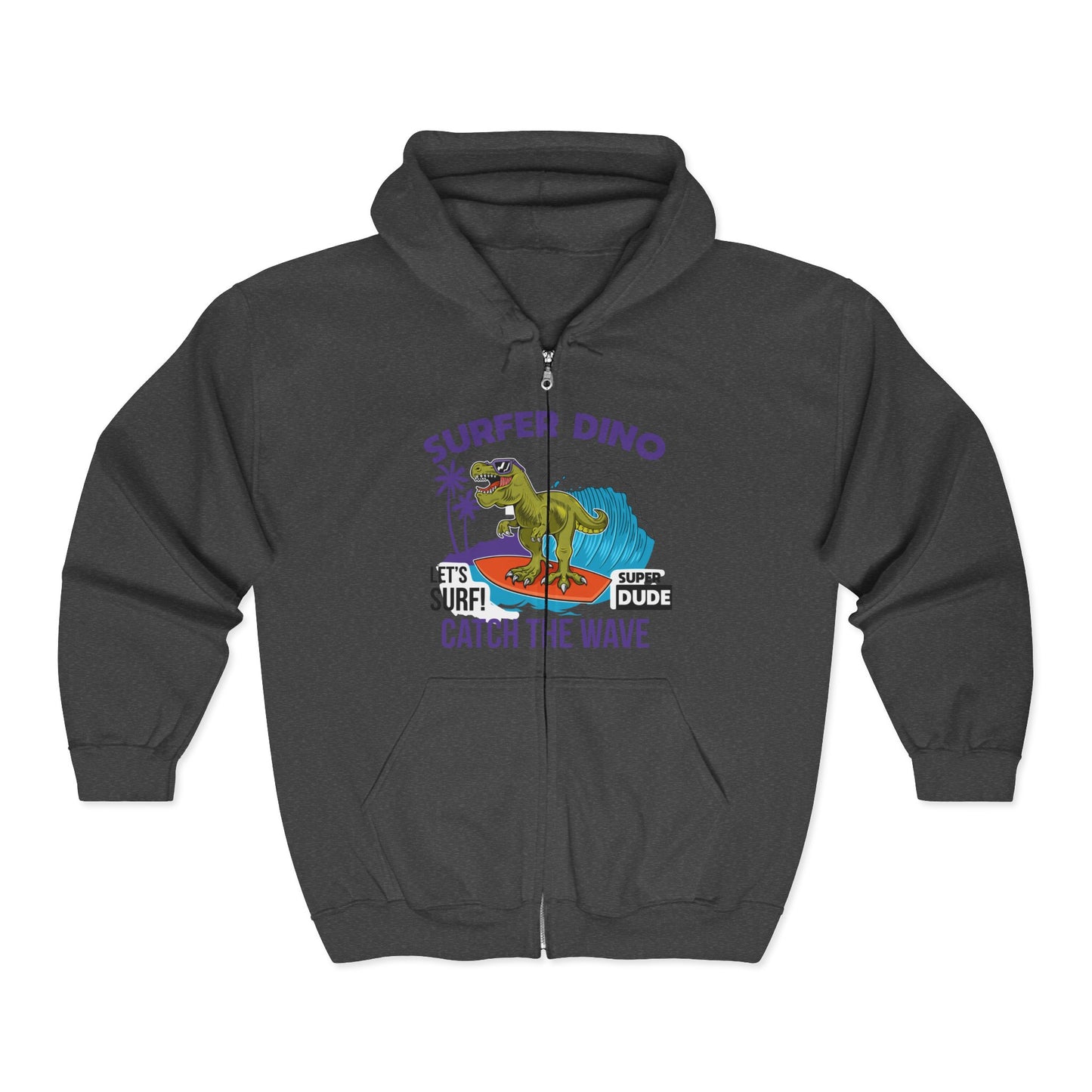 Surfer Dino Full Zip Hoodie - Catch the Wave, Surfing Sweatshirt for Beach Lovers, Gifts for Dino Enthusiasts, Fun Casual Wear Dark Heather