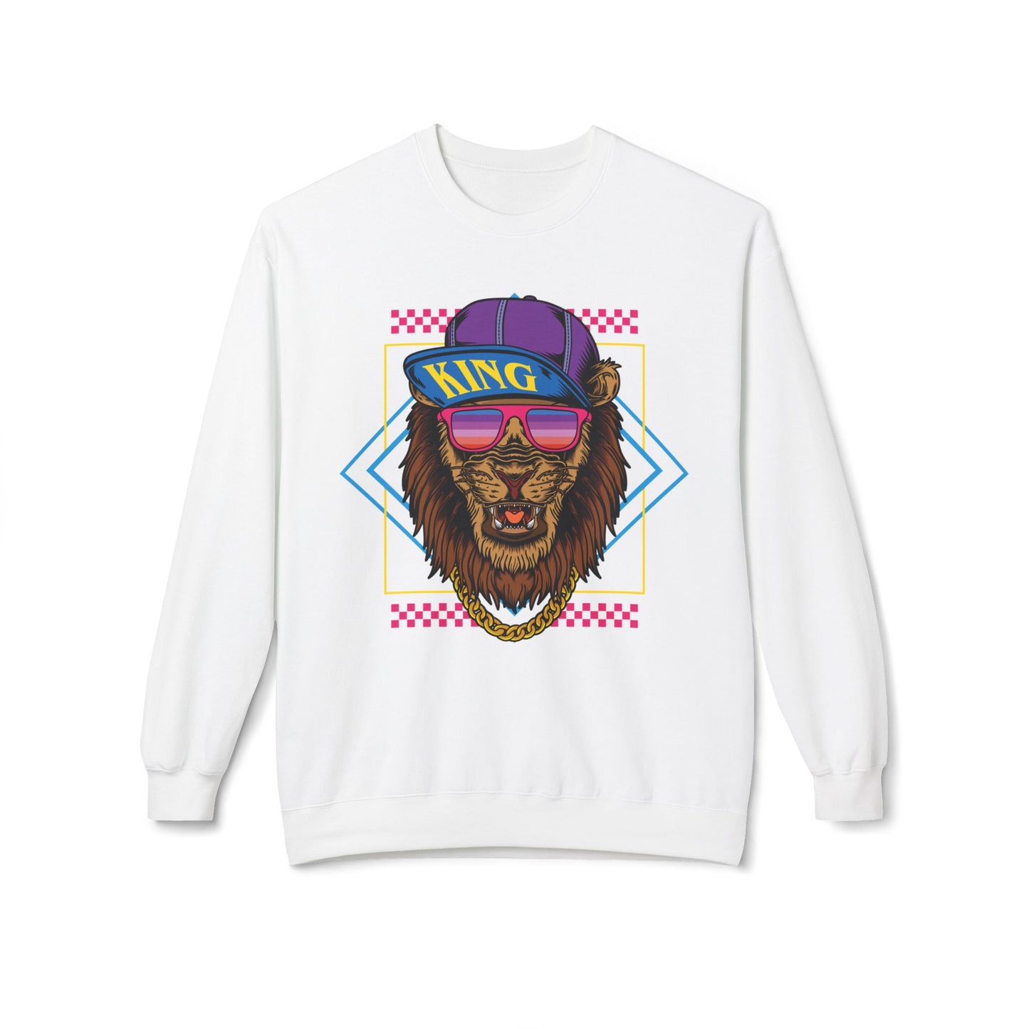 King Lion Graphic Crewneck Sweatshirt, Cozy Streetwear, Unisex Gift, Funny Animal Sweatshirt, Retro Style Apparel, Perfect for Any Occasion
