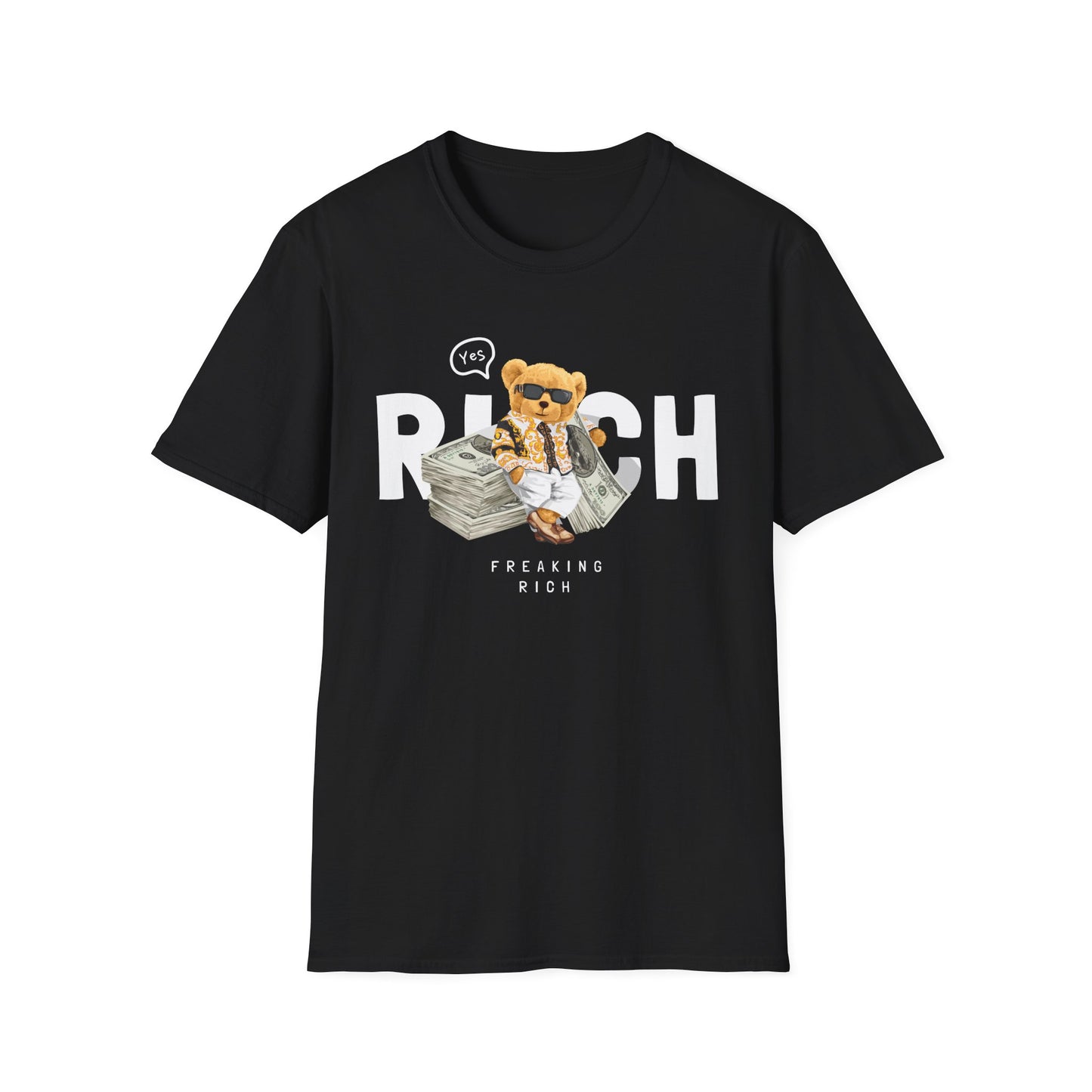 Freaking Rich T-Shirt, Unisex Softstyle Tee for Money Lovers, Fun Graphic Shirt for Birthdays, Gifts, Everyday Wear, Casual Attire Black