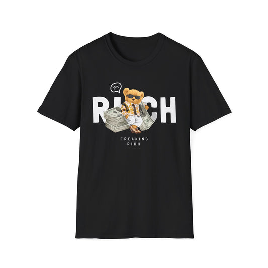 Freaking Rich T-Shirt, Unisex Softstyle Tee for Money Lovers, Fun Graphic Shirt for Birthdays, Gifts, Everyday Wear, Casual Attire Black
