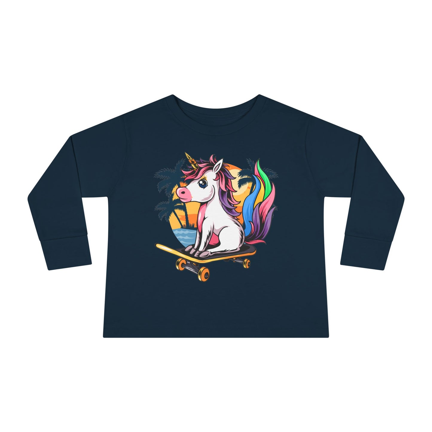Skateboarding Unicorn Toddler Long Sleeve Tee, Cute Kids Shirt, Unicorn Lover Gift, Playful Toddler Outfit, Birthday Gift Navy