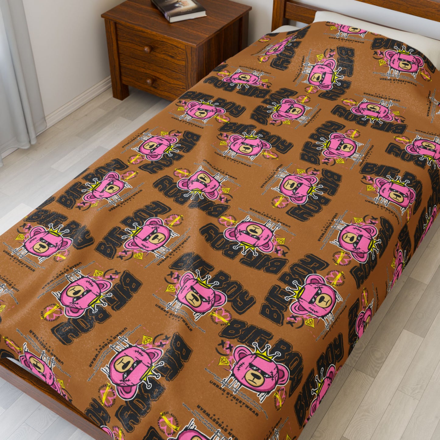 "Big Boy" Pink Bear Graphic Plush Blanket – Soft Velveteen Throw for Bed or Couch – Brown Urban Streetwear Home Decor 60" × 80"