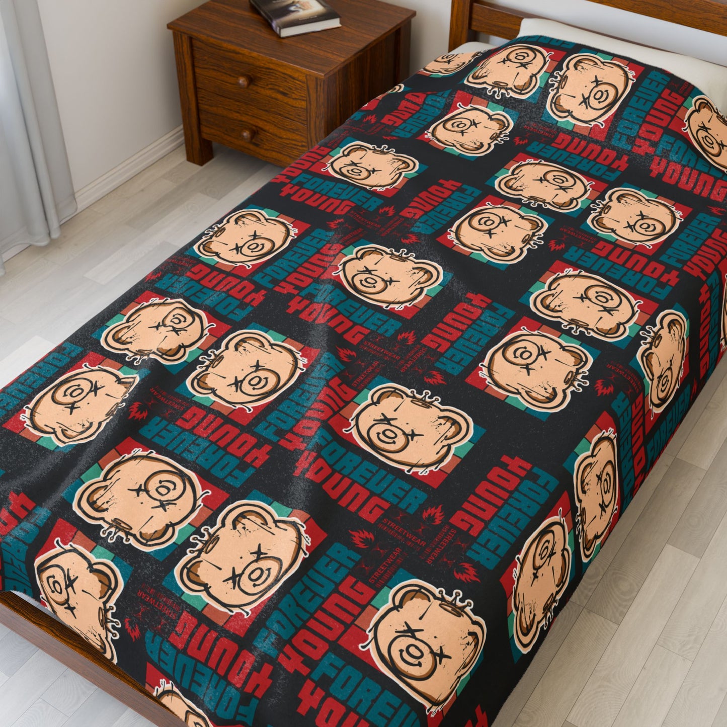 "Forever Young" Retro Graphic Velveteen Plush Blanket – Soft Black Throw with Teddy Bear – 90s Style Streetwear Decor 60" × 80"