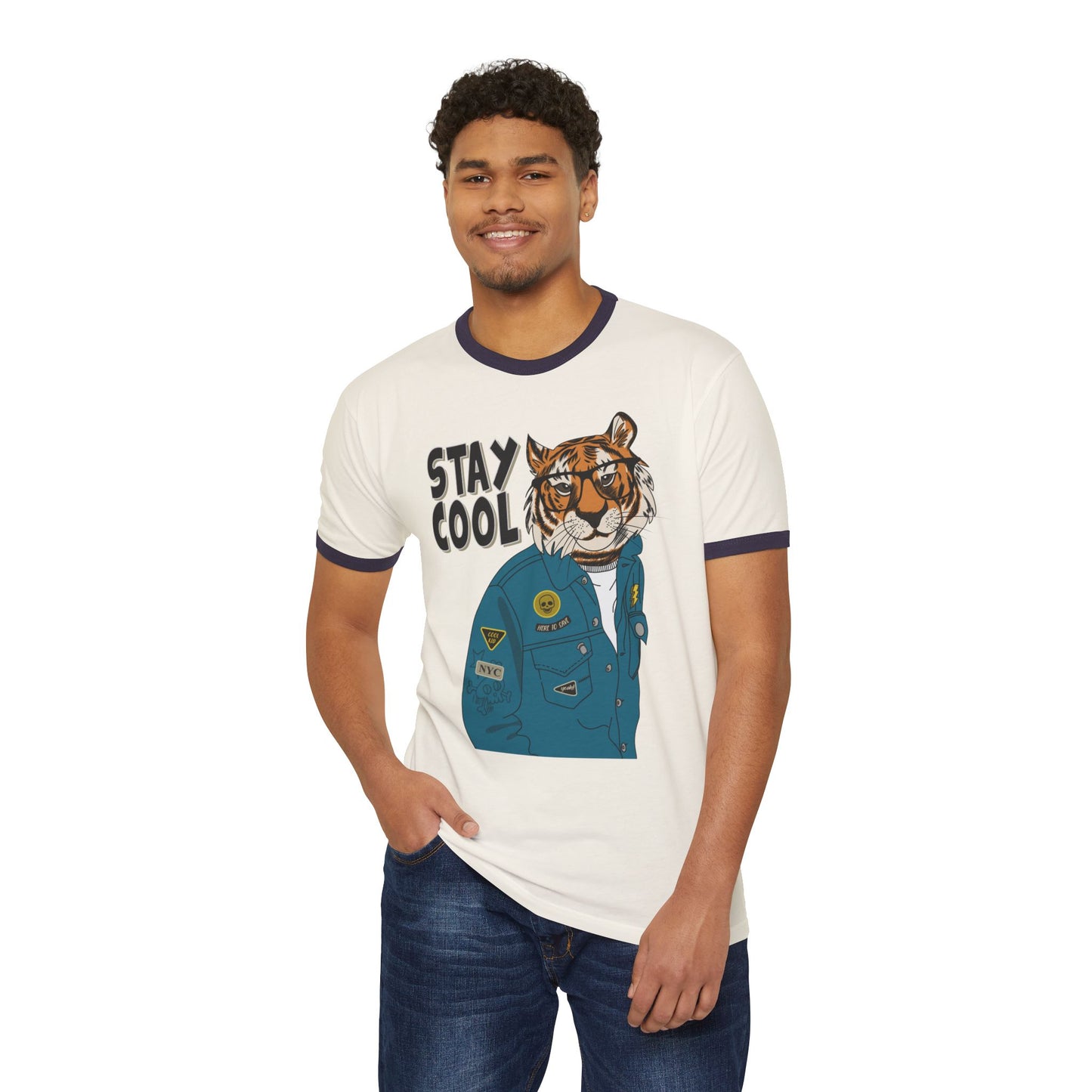 Stay Cool Tiger Ringer T-Shirt, Unisex Vintage Tee, Casual Gift, Animal Lover Apparel, Summer Fashion, Fun Graphic Shirt