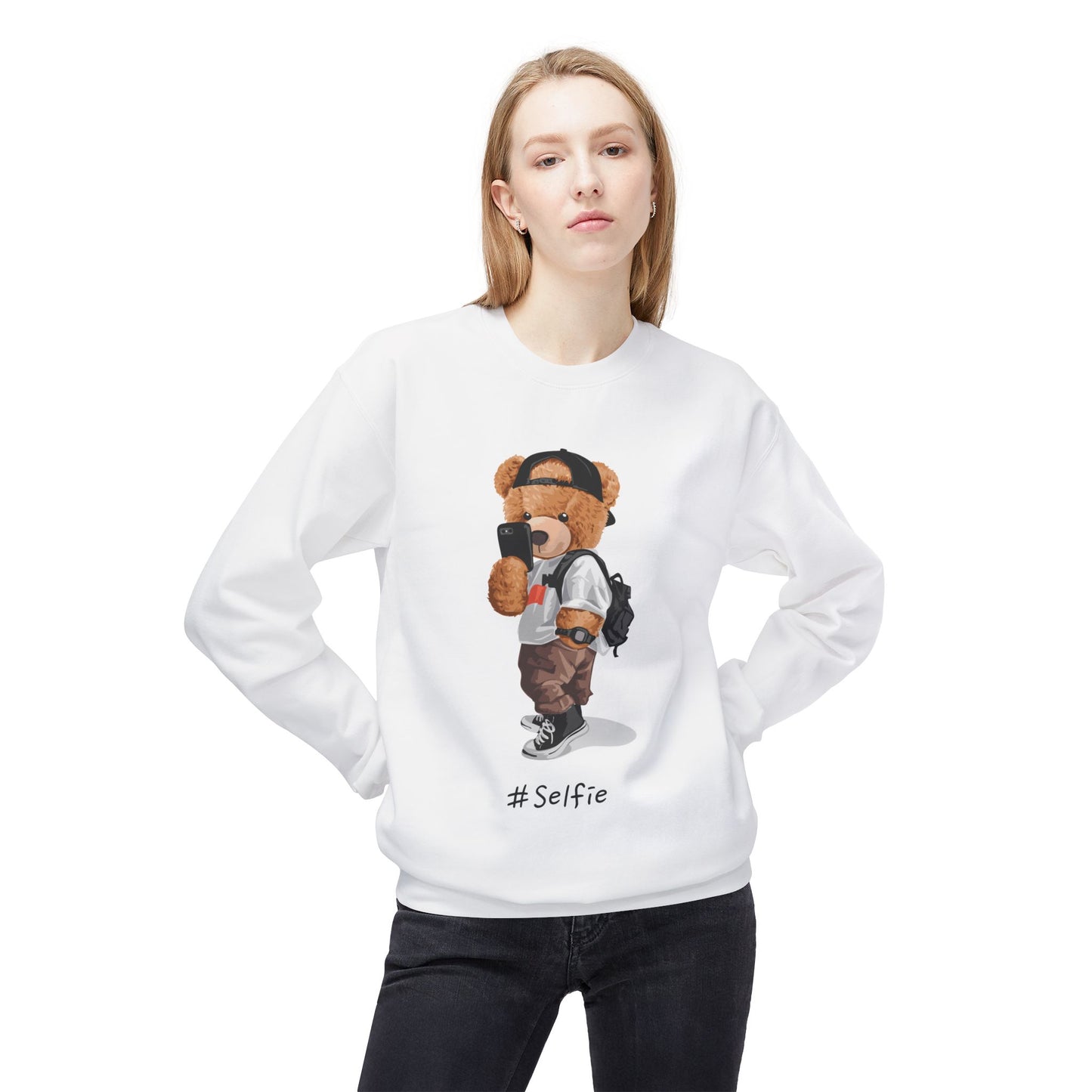 Cute Bear Selfie Sweatshirt, Trendy Gift for Teens, Cozy Fleece Crew, Fashionable Streetwear, Perfect for Casual Days, Instagram Vibes