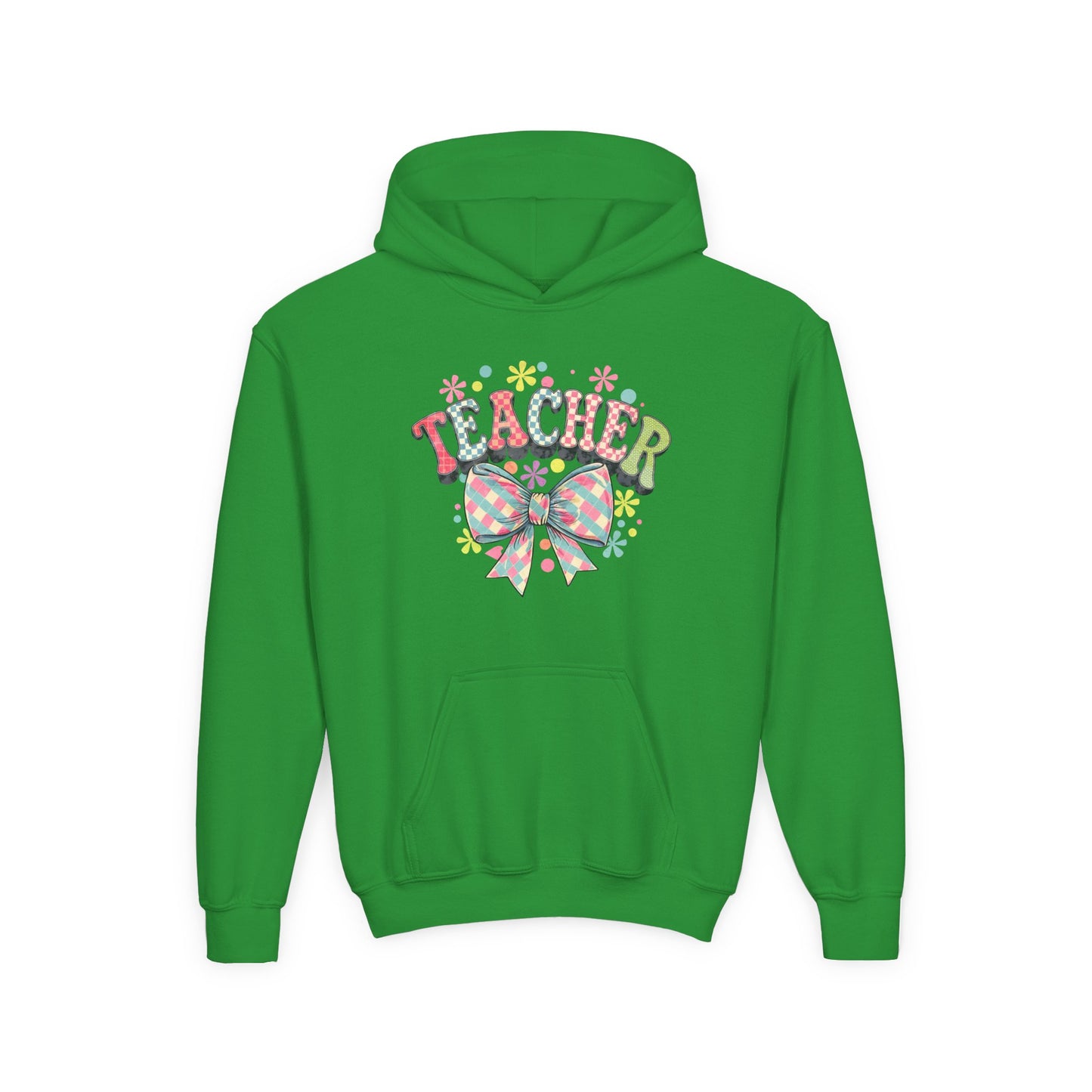 Teacher Hoodie with Colorful Floral Bow Design, Ideal Gift for Educators, School Spirit Wear, Teacher Appreciation, Back to School Irish Green