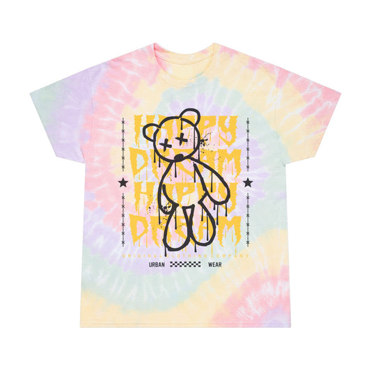 Unisex "Happy Dream" Tie Dye T-Shirt – Urban Street Art Graphic Tee with Drippy Teddy Bear – Soft Cotton Abstract Style
