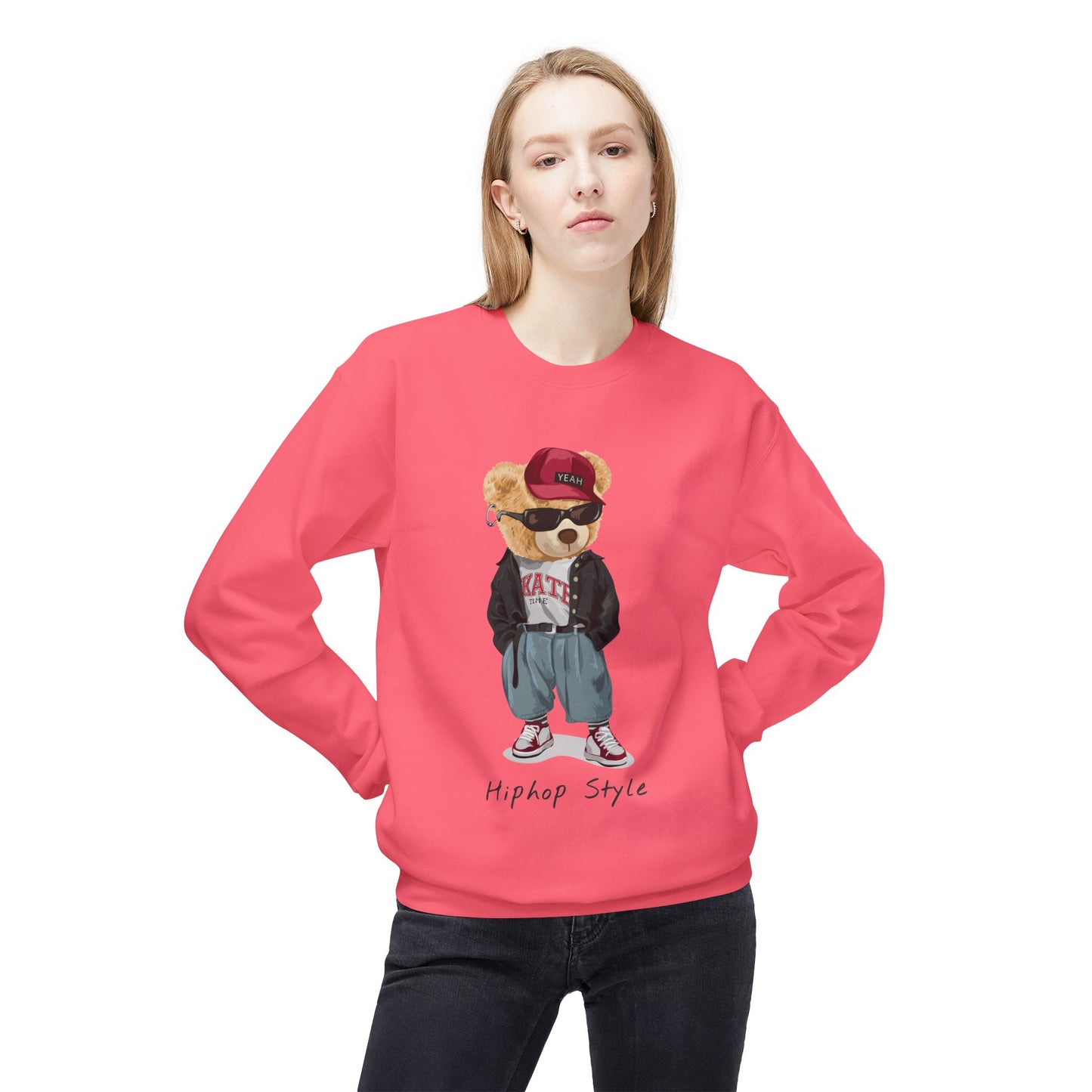 Hip Hop Bear Sweatshirt, Streetwear Crewneck, Unisex Fleece Top, Trendy Gift, Casual Style, Fashionable Layering Piece Pink Lemonade