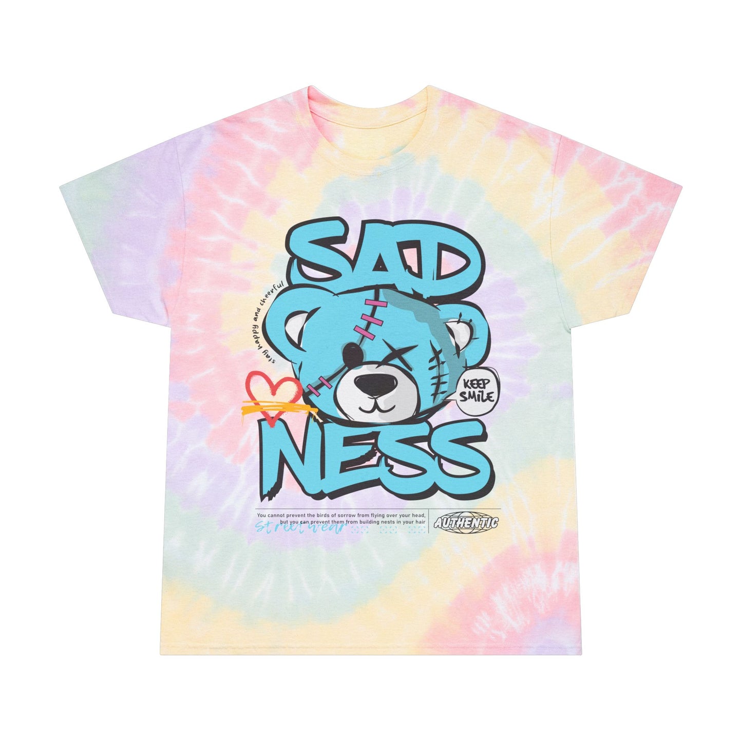 Unisex "Sadness" Tie Dye T-Shirt – Streetwear Graphic Tee with Blue Bear & "Keep Smile" Message – Soft Cotton Pastel Shirt