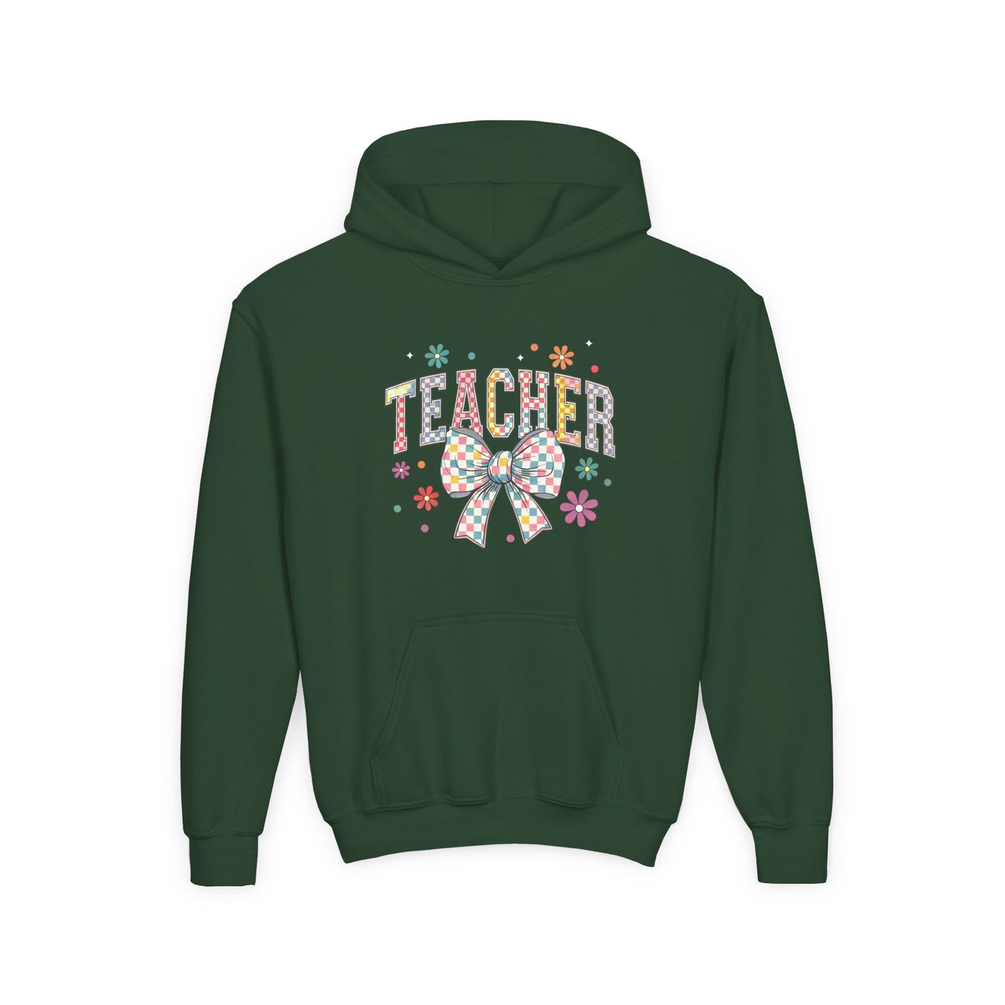 Teacher Appreciation Youth Hooded Sweatshirt - Cute Bow Design, Perfect Gift for Educators, Back to School, Christmas, Birthday Forest Green