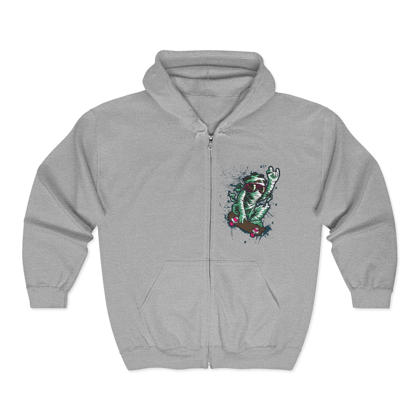 Skateboarding Mummy Zip-Up Hoodie | Soft Fleece Graphic Sweatshirt Sport Grey