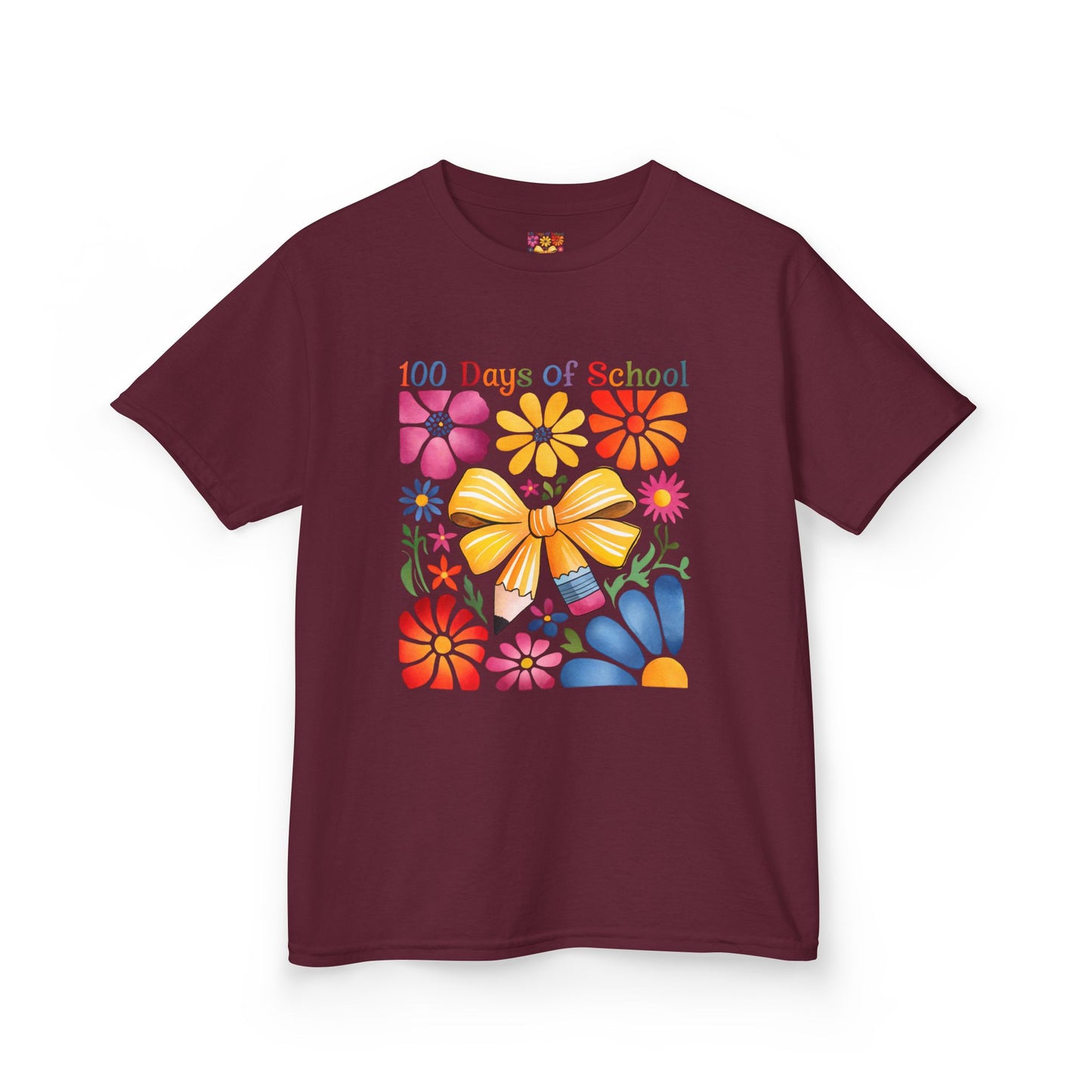 Colorful 100 Days of School Kids Tee, Flower Print T-Shirt for Students, End of Year Celebration Shirt, Fun School Day Wear, Gift for Kids Maroon